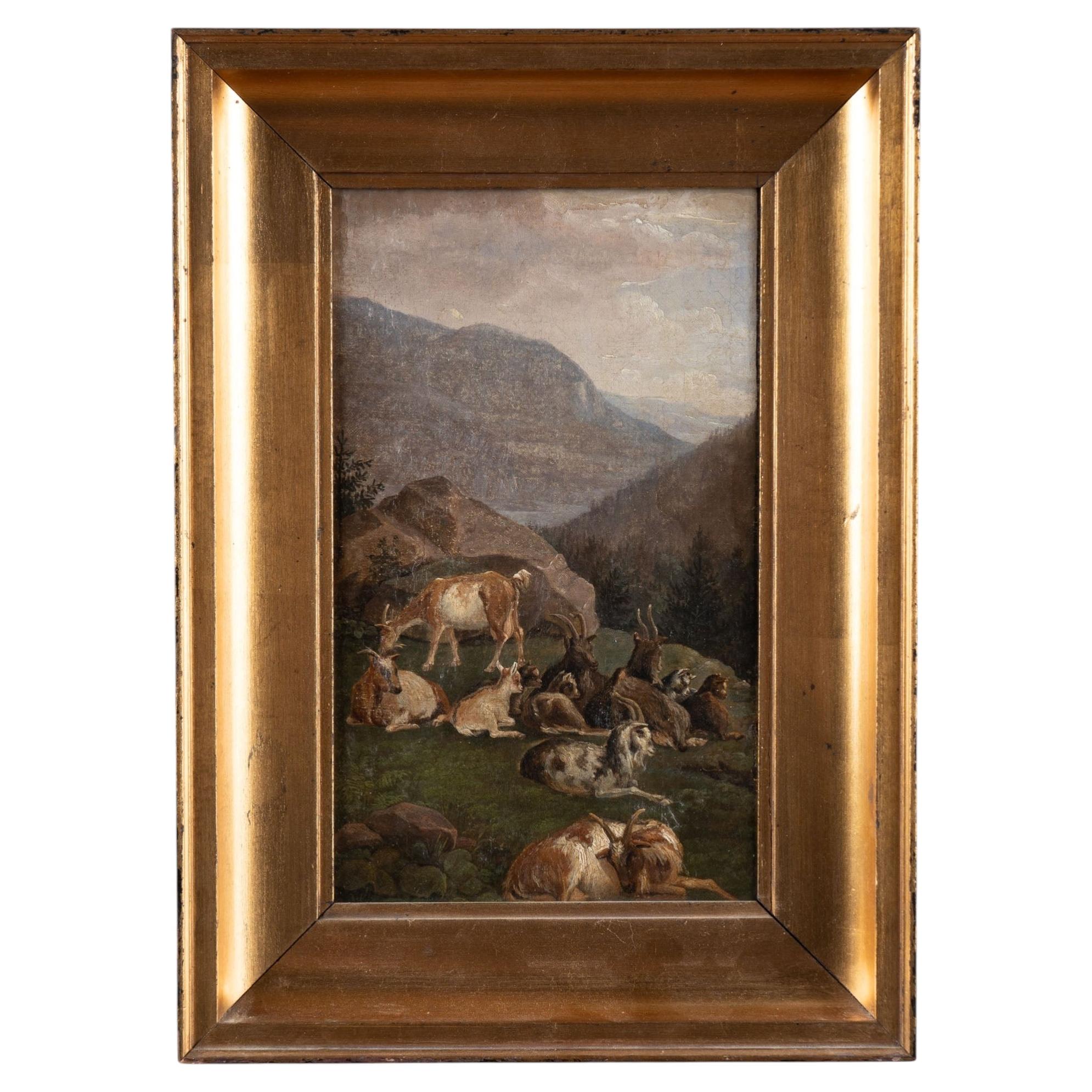 Dipinto danese del XIX secolo, olio su tela raffigurante capre su un versante di montagna, firmato I.P. Møller