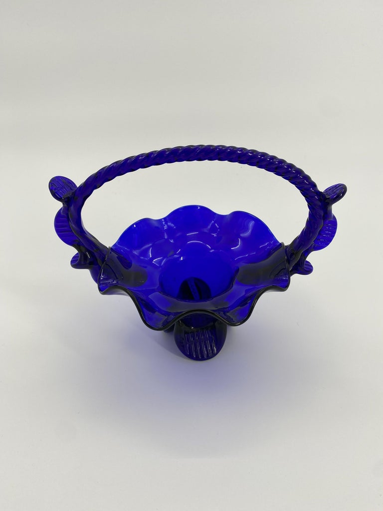 Danish, 19th Century, Cobalt Blue Glass Fruit Basket with Handle For