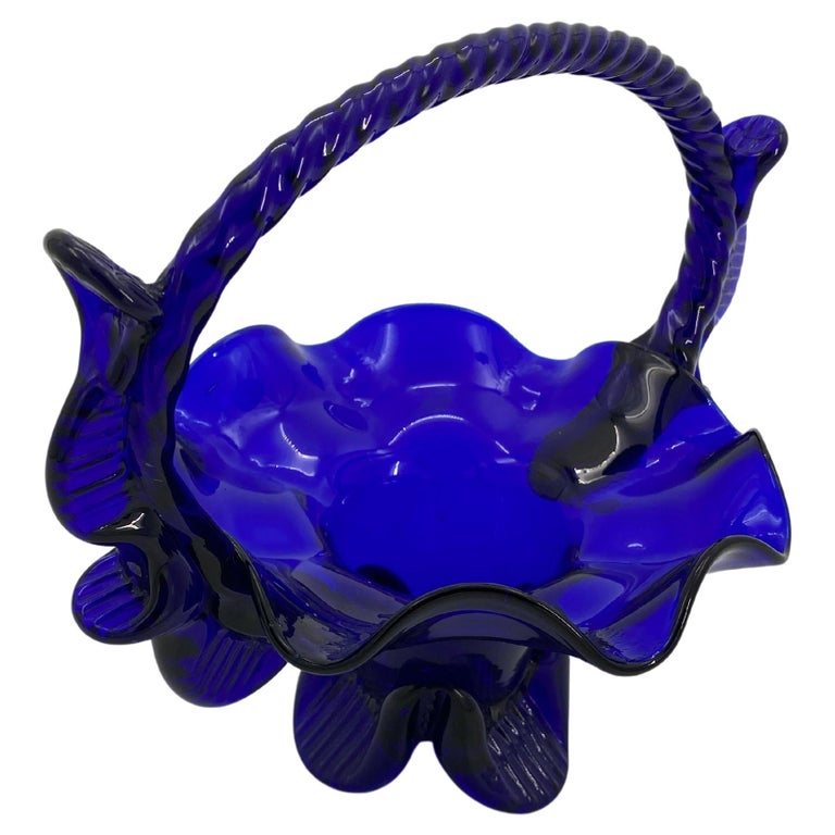 Danish, 19th Century, Cobalt Blue Glass Fruit Basket with Handle For