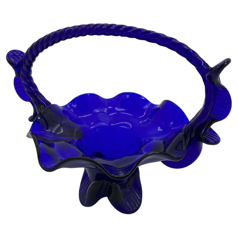 Danish, 19th Century, Cobalt Blue Glass Fruit Basket with Handle For