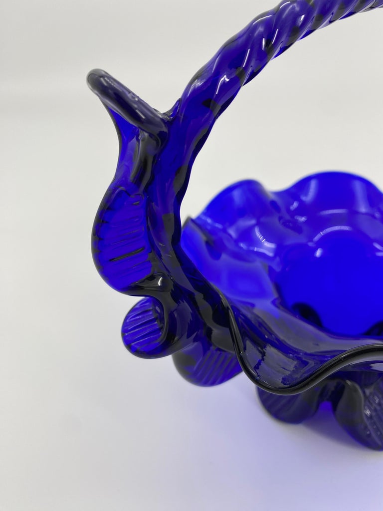 Danish, 19th Century, Cobalt Blue Glass Fruit Basket with Handle For