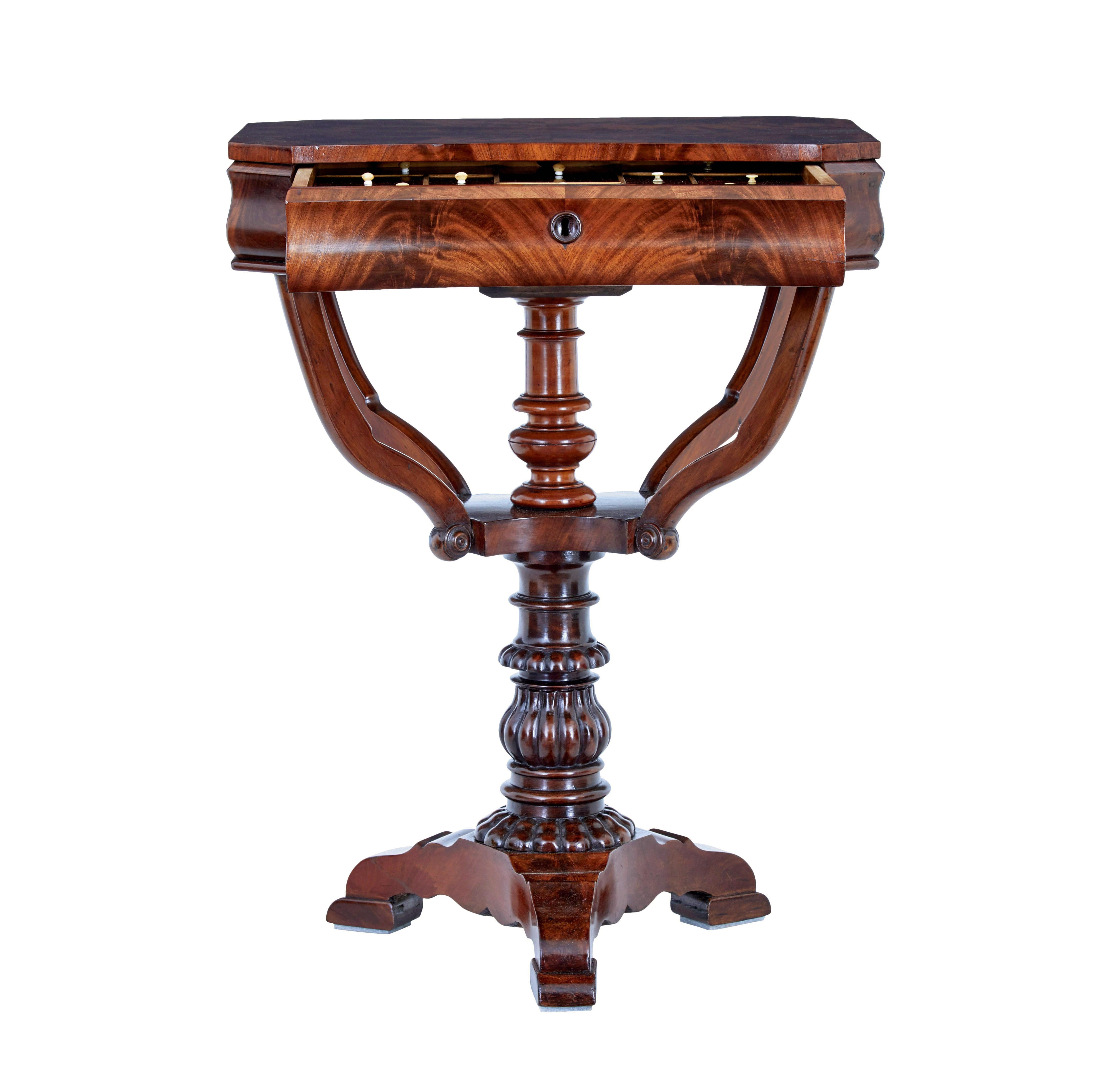 Danish 19th century flame mahogany side/sewing table circa 1870.

Good quality piece of danish furniture very much in the earlier William IV taste.

Rectangular top with canted corners and a concave front.  Quarter matched veneers to the top which