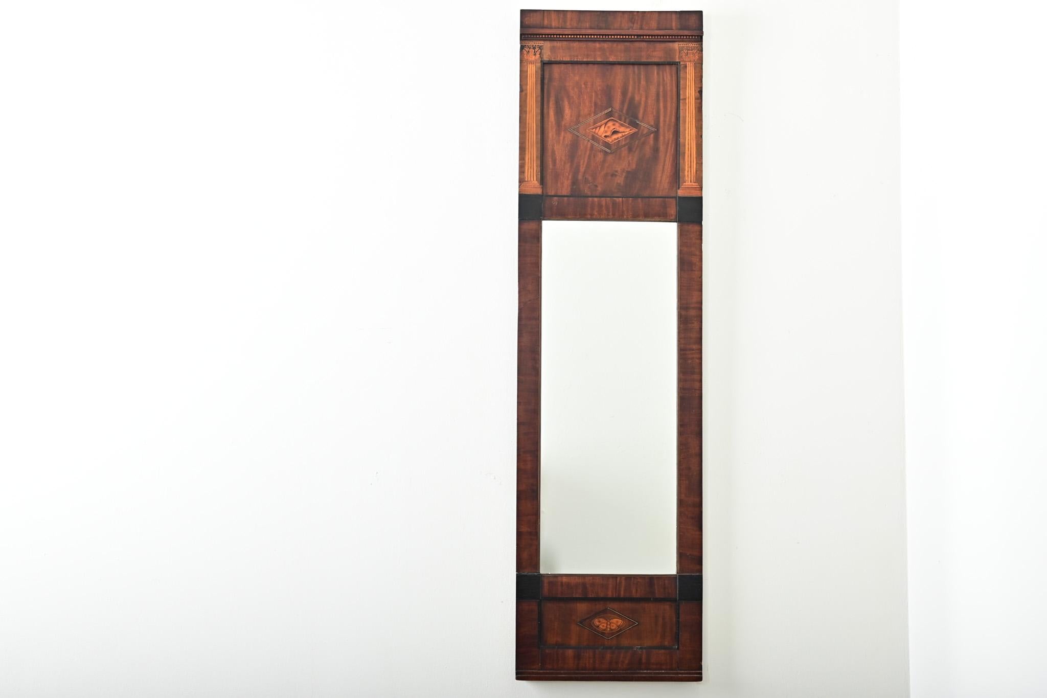 Biedermeier Danish 19th Century Mahogany Inlay Narrow Mirror For Sale