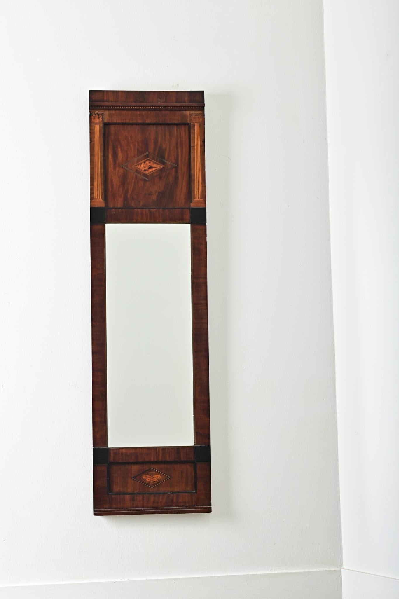 Glass Danish 19th Century Mahogany Inlay Narrow Mirror For Sale