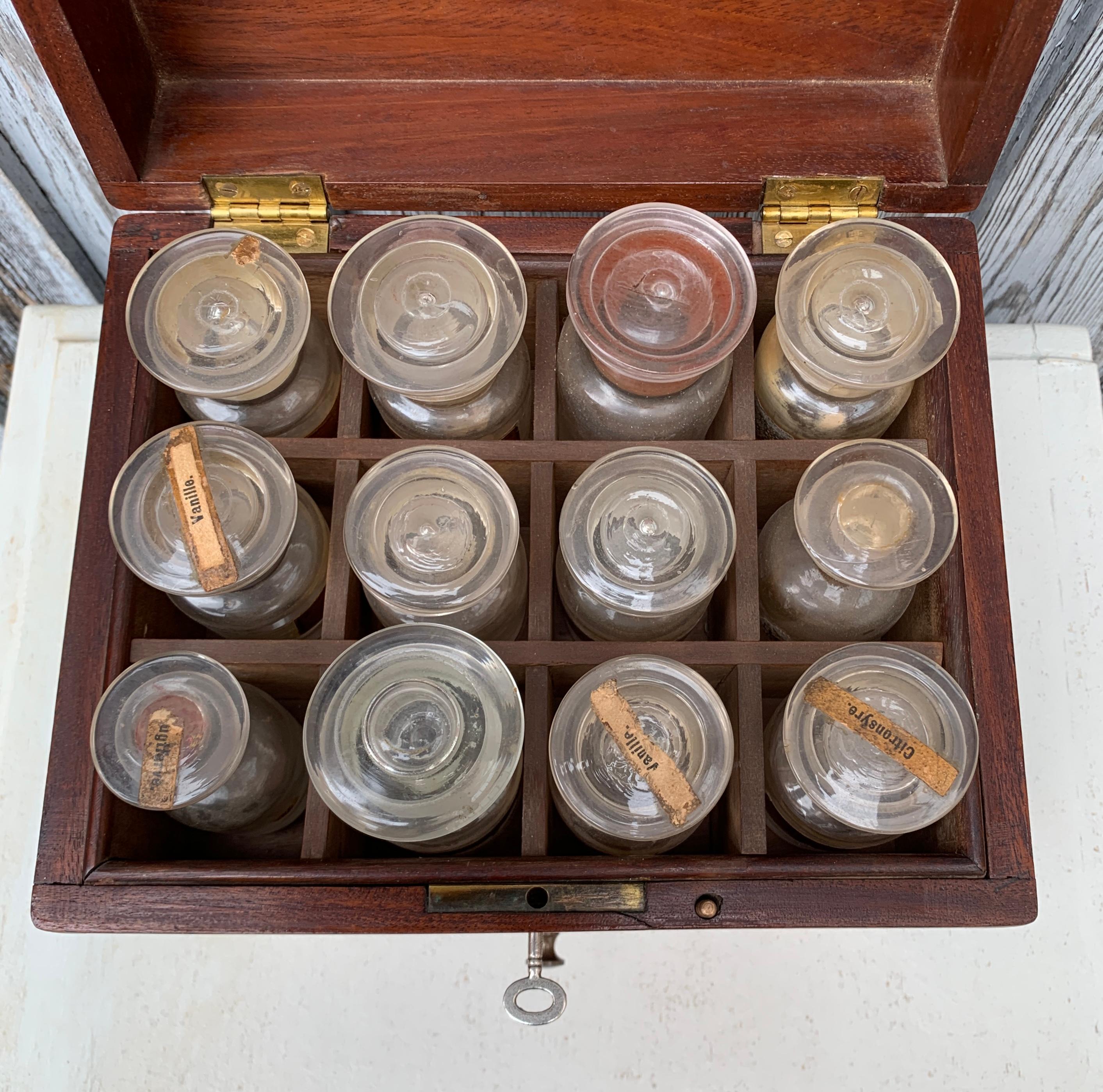 Boîte à pointes danoise du 19ème siècle en acajou avec récipients en verre en vente 2