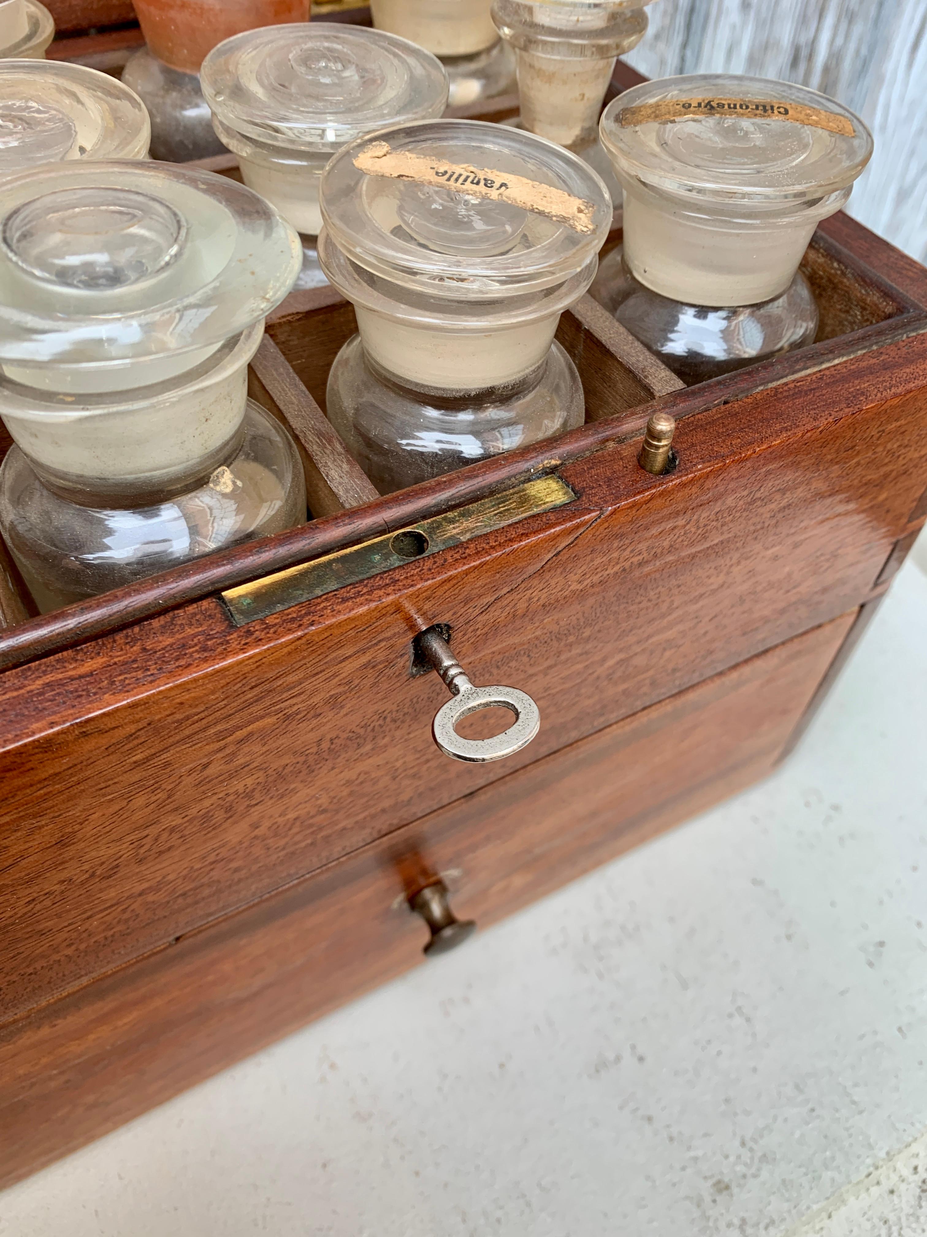 Boîte à pointes danoise du 19ème siècle en acajou avec récipients en verre en vente 5
