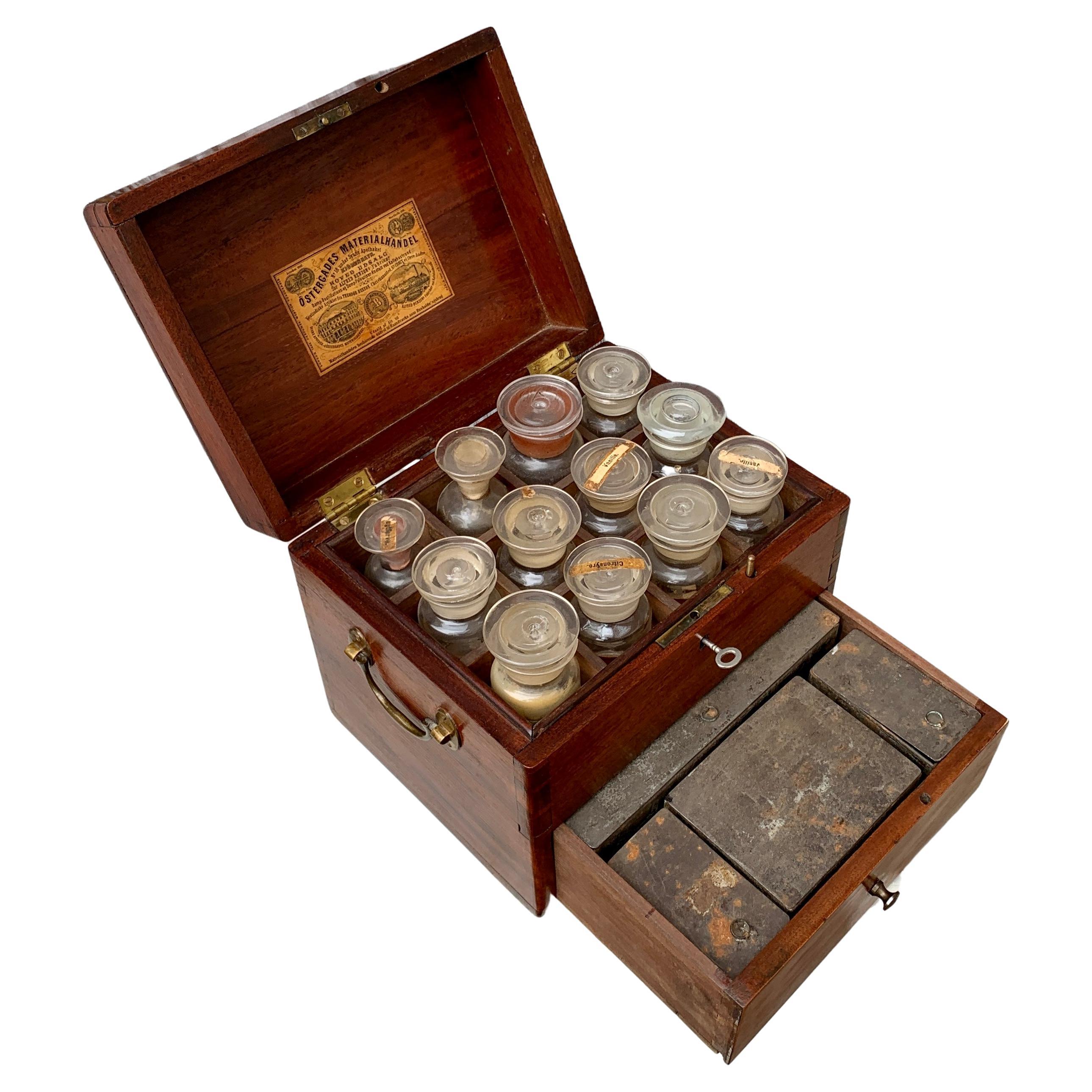 Danish 19th Century Mahogany Spice Box With Glass Containers