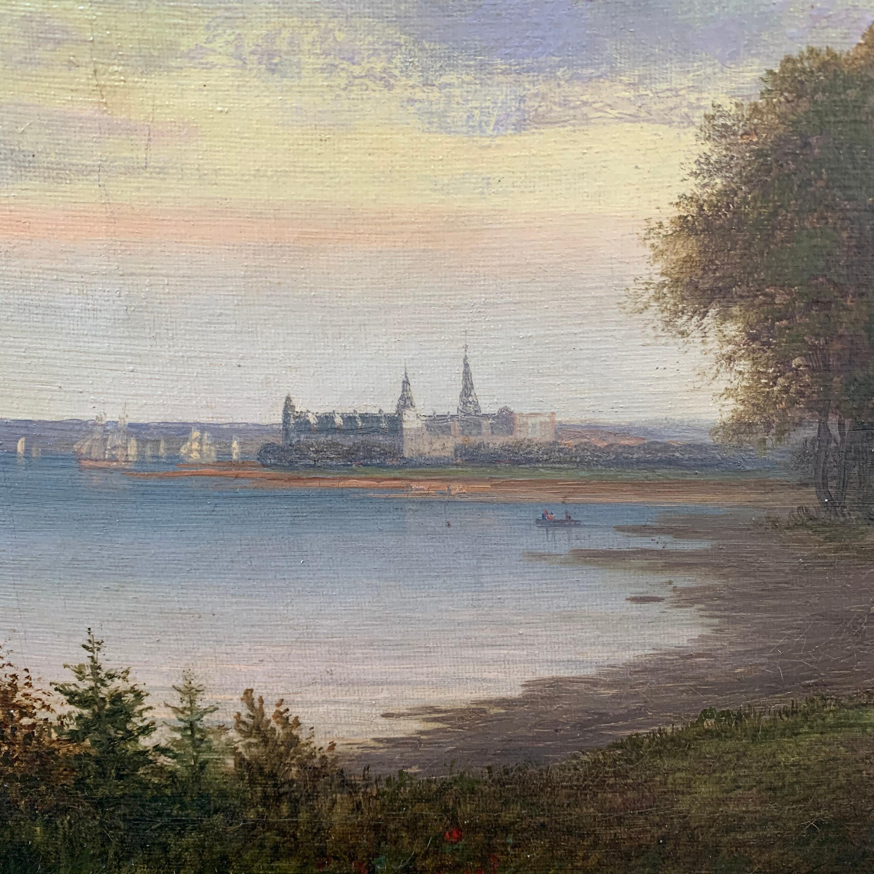 Biedermeier Danish 19th Century Oil Painting of Kronborg Castle in Original Gilded Frame