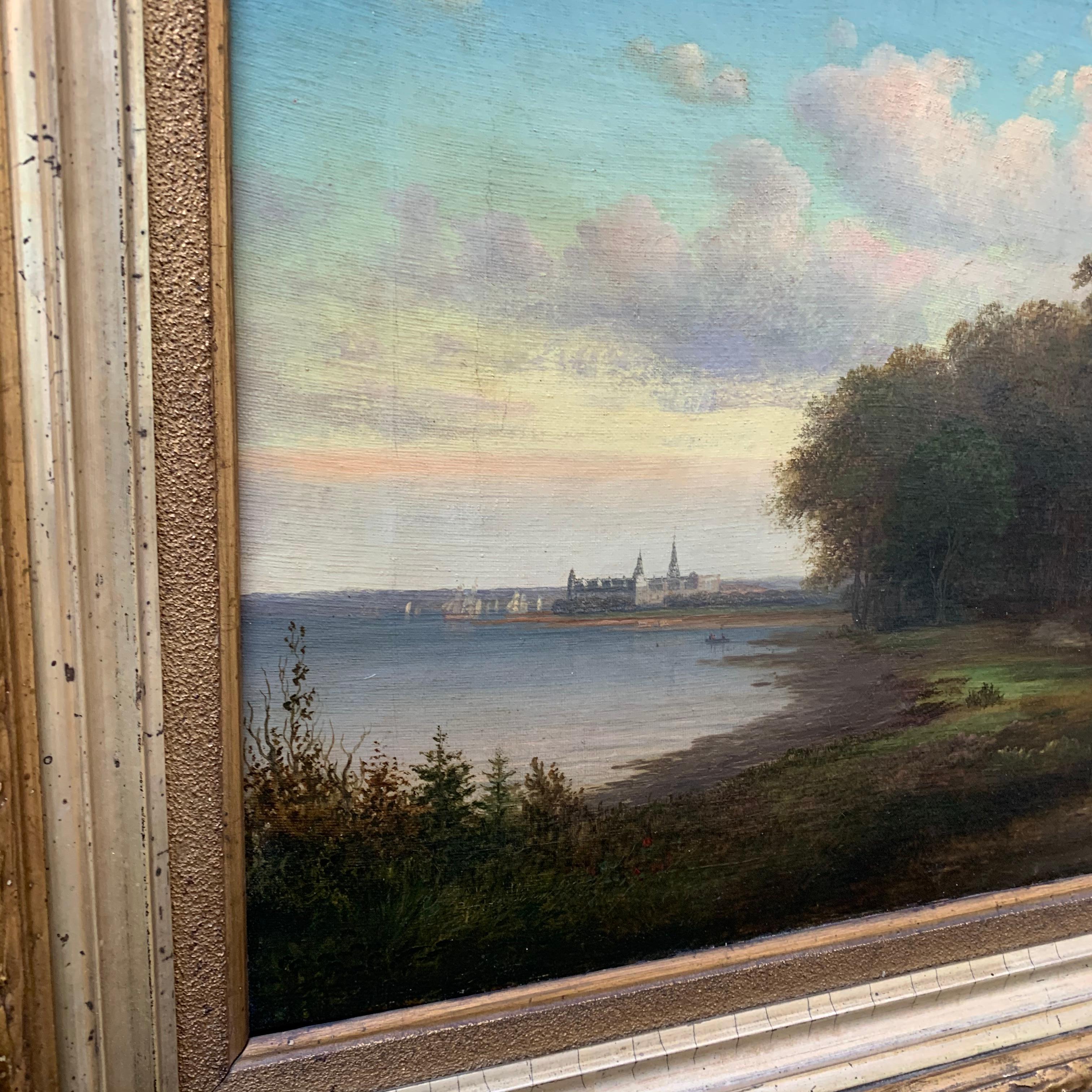 Danish 19th Century Oil Painting of Kronborg Castle in Original Gilded Frame In Good Condition In Haddonfield, NJ