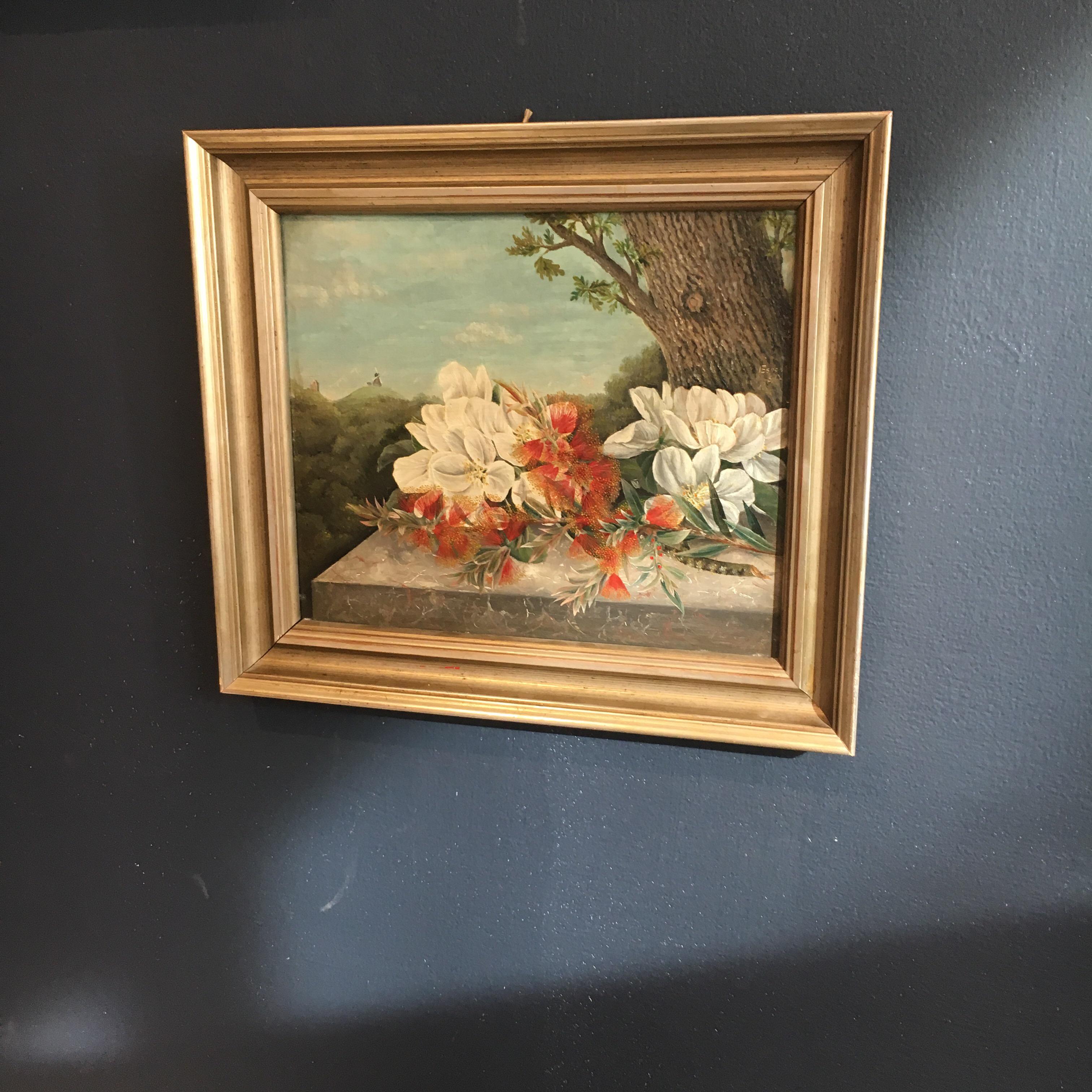 Beautiful small Danish still life of flowers resting on stone wall, with a trees and windmill and a small church visible in the distance. Oil on mahogany board. Signed and dated S.D. Espe 55.

Listed dimensions without frame.