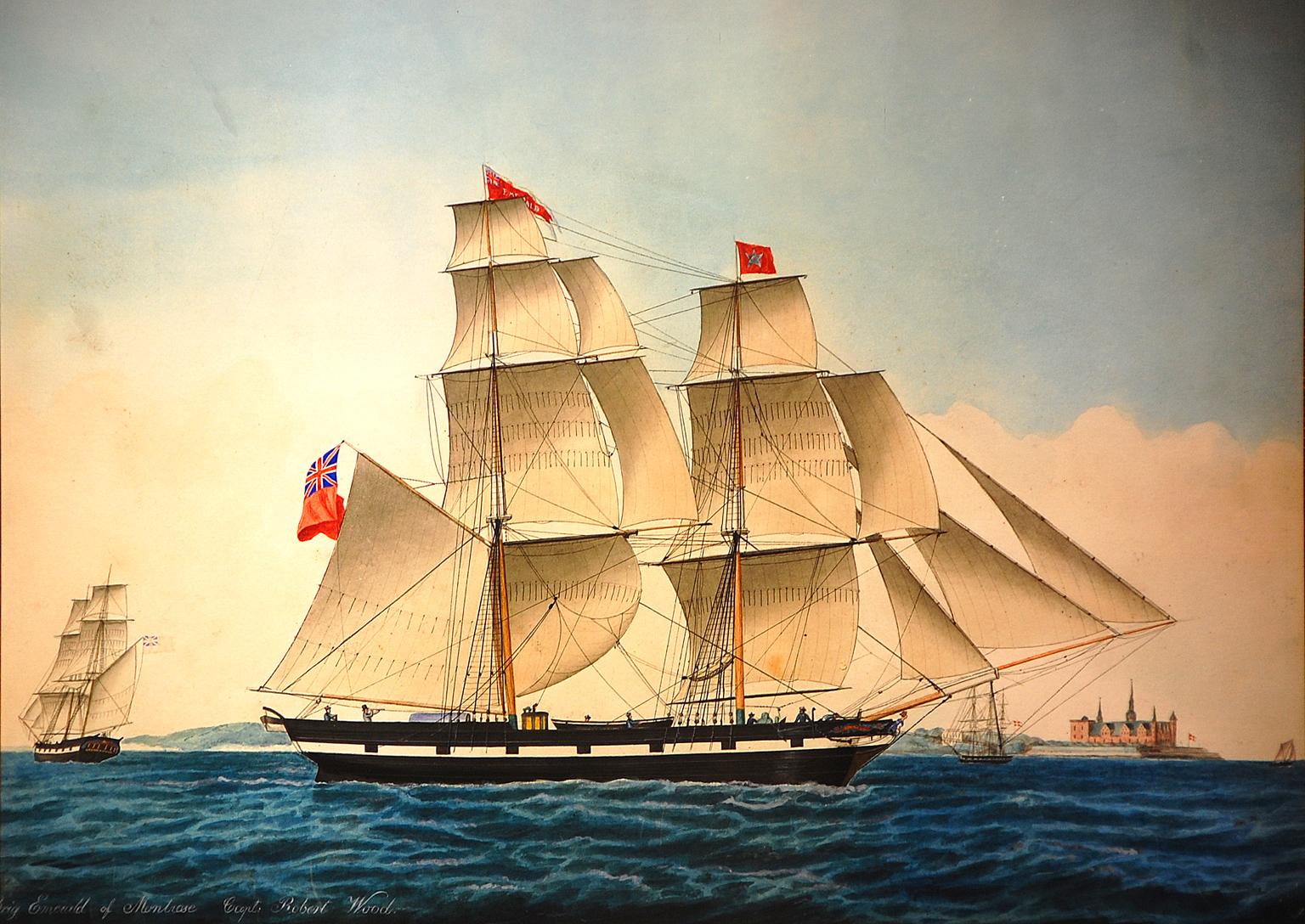 Danish original 19th century watercolor and ink portrait of the two masted brig 