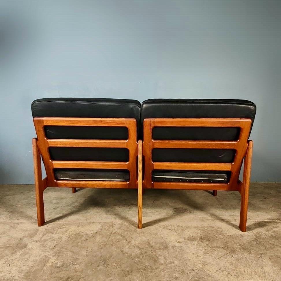 Danish 2 Seater Sofa Illum Wikkelsø For Niels Eilersen Black Leather Teak 1960s For Sale 1