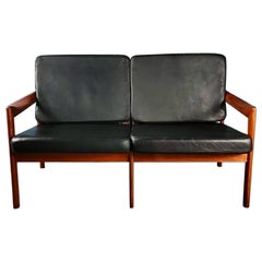 Danish 2 Seater Sofa Illum Wikkelsø For Niels Eilersen Black Leather Teak 1960s