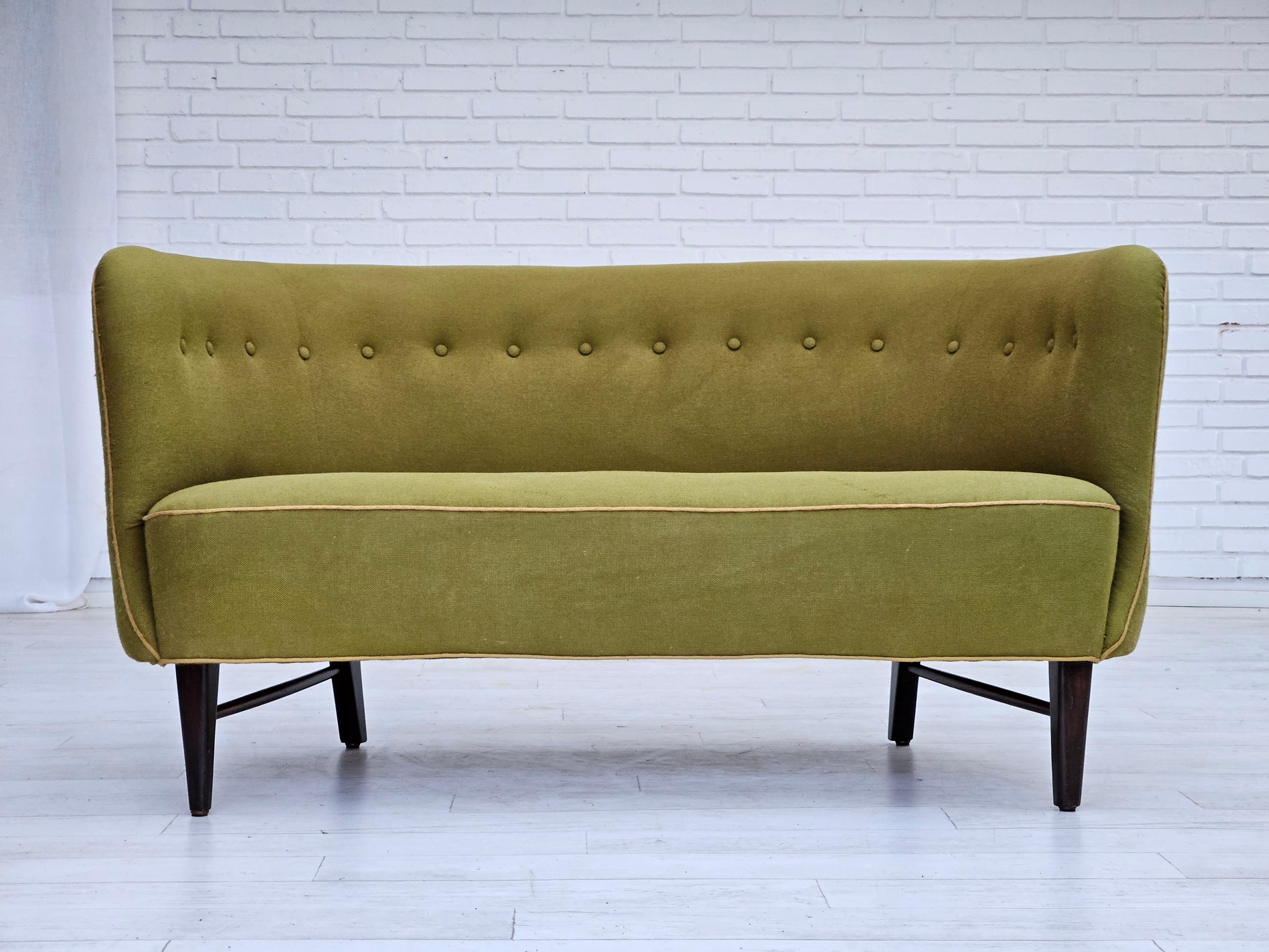 Scandinavian Modern Danish 2 seater sofa, original good condition, furniture wool, oak. For Sale