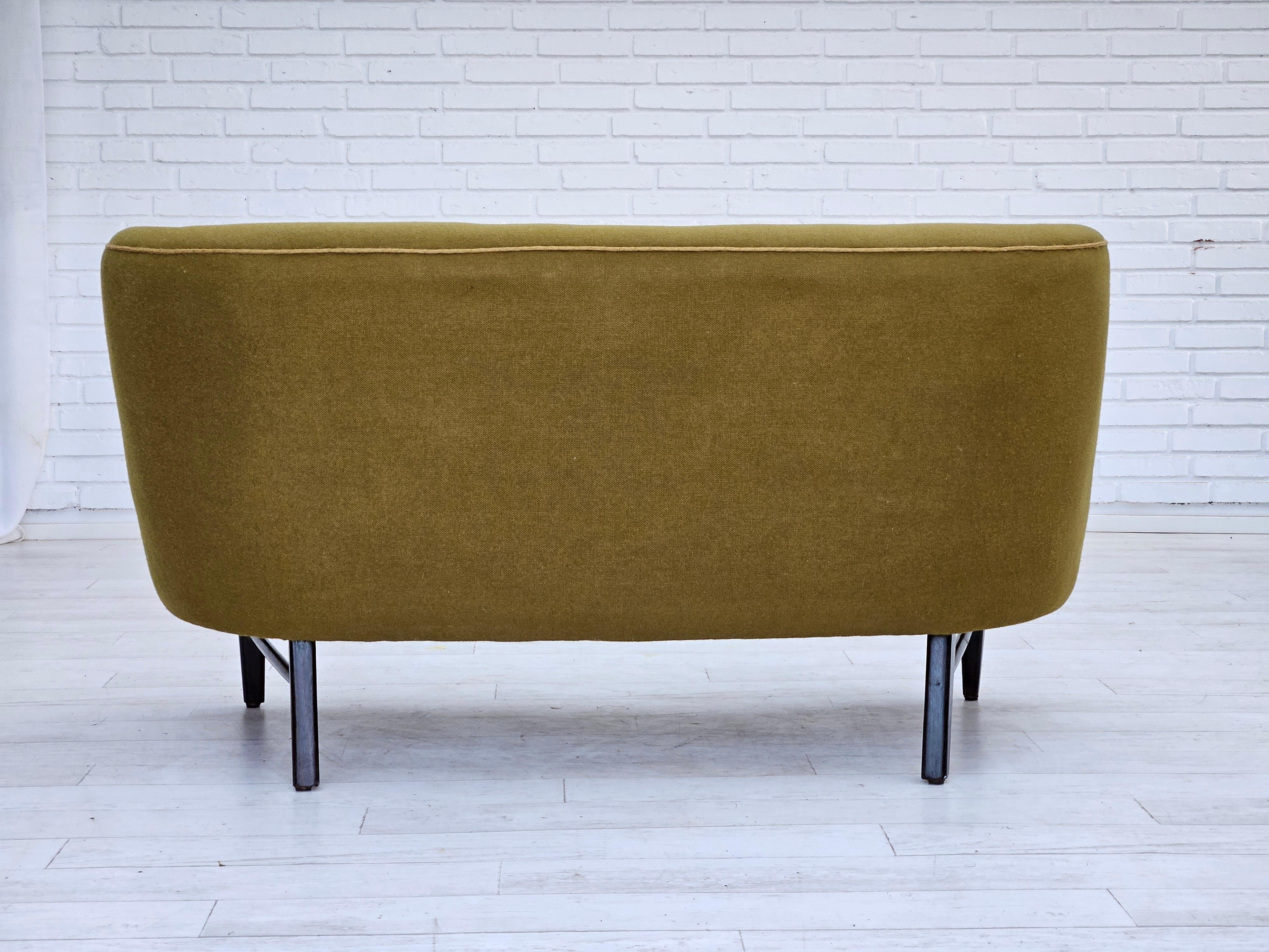 Wool Danish 2 seater sofa, original good condition, furniture wool, oak. For Sale