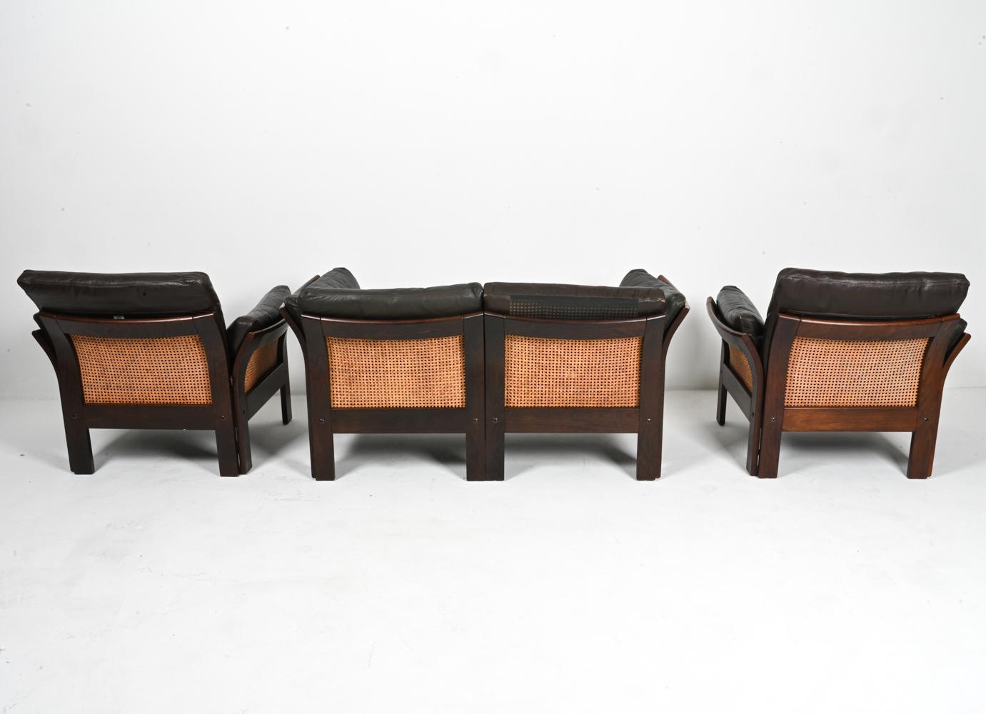 Suite de sièges danoises de 3 pièces en hêtre, canne et cuir, attribuée à Georg Thams en vente 3