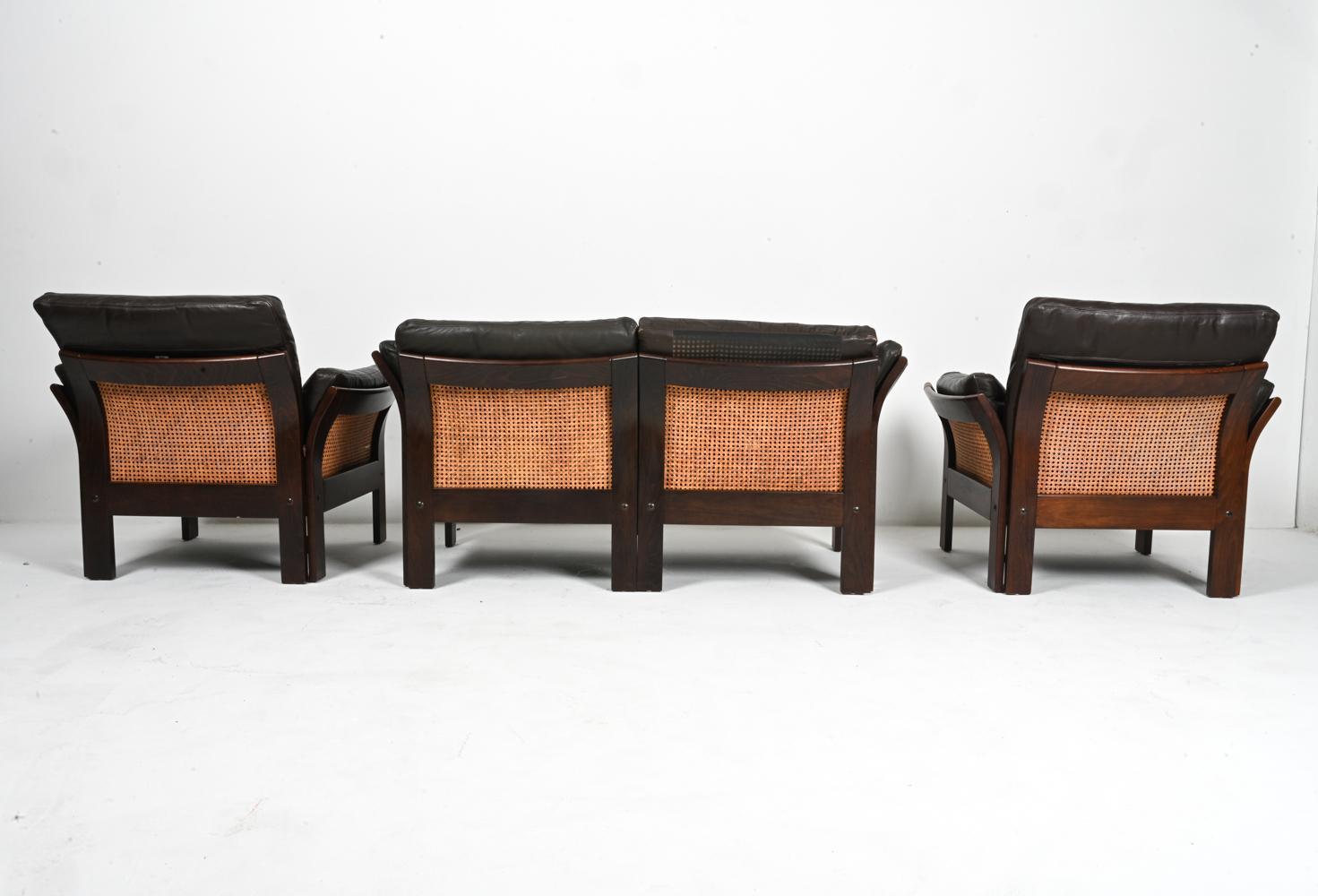 Suite de sièges danoises de 3 pièces en hêtre, canne et cuir, attribuée à Georg Thams en vente 4