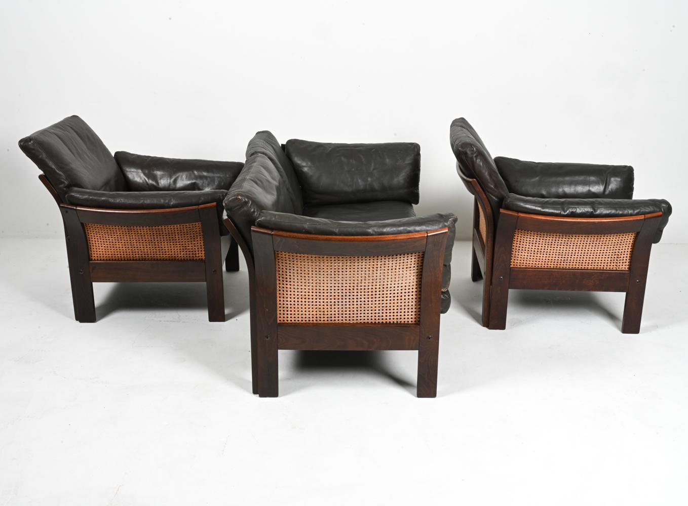 Suite de sièges danoises de 3 pièces en hêtre, canne et cuir, attribuée à Georg Thams en vente 6
