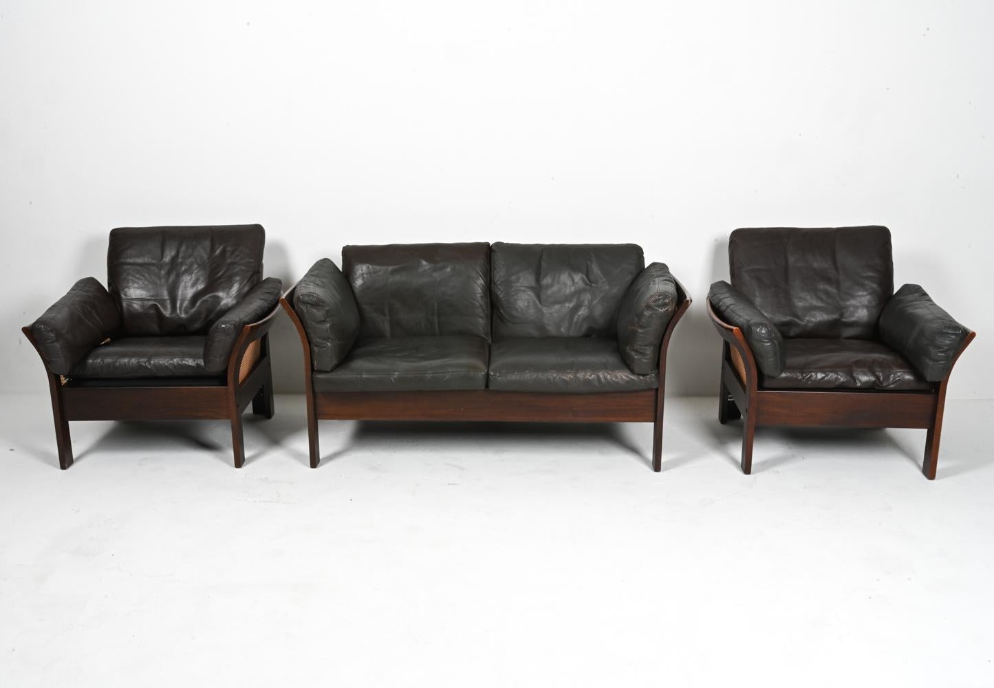 Scandinavian Modern Danish 3-Piece Seating Suite in Beech, Cane & Leather; Attributed to Georg Thams For Sale