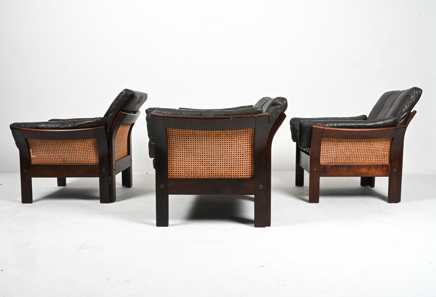 Cuir Suite de sièges danoises de 3 pièces en hêtre, canne et cuir, attribuée à Georg Thams en vente