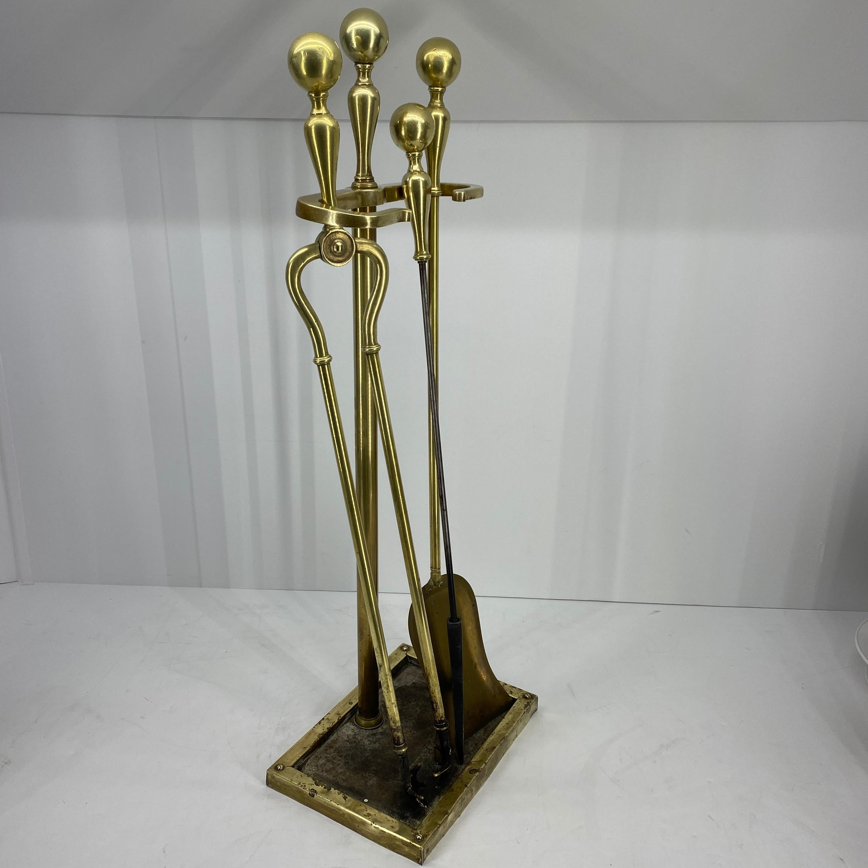 Danish 3-Piece Set of Brass Fireplace Tools and Stand, Late 19th Century In Good Condition In Haddonfield, NJ