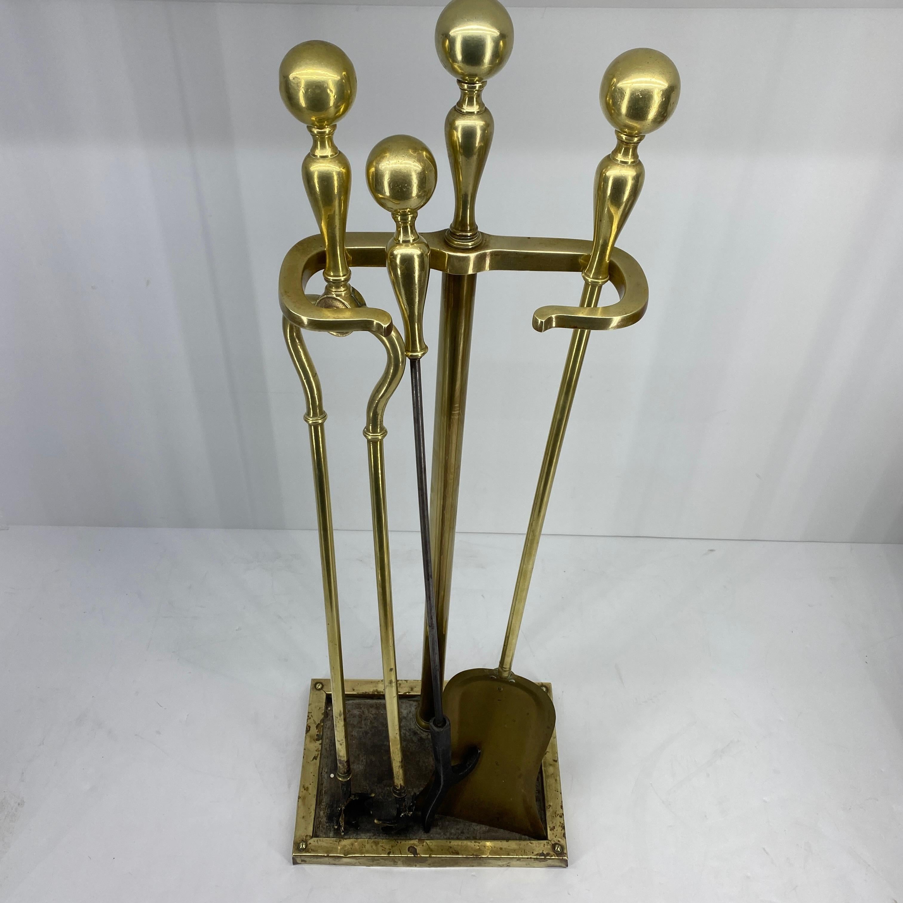 Empire Danish 3-Piece Set of Brass Fireplace Tools and Stand, Late 19th Century