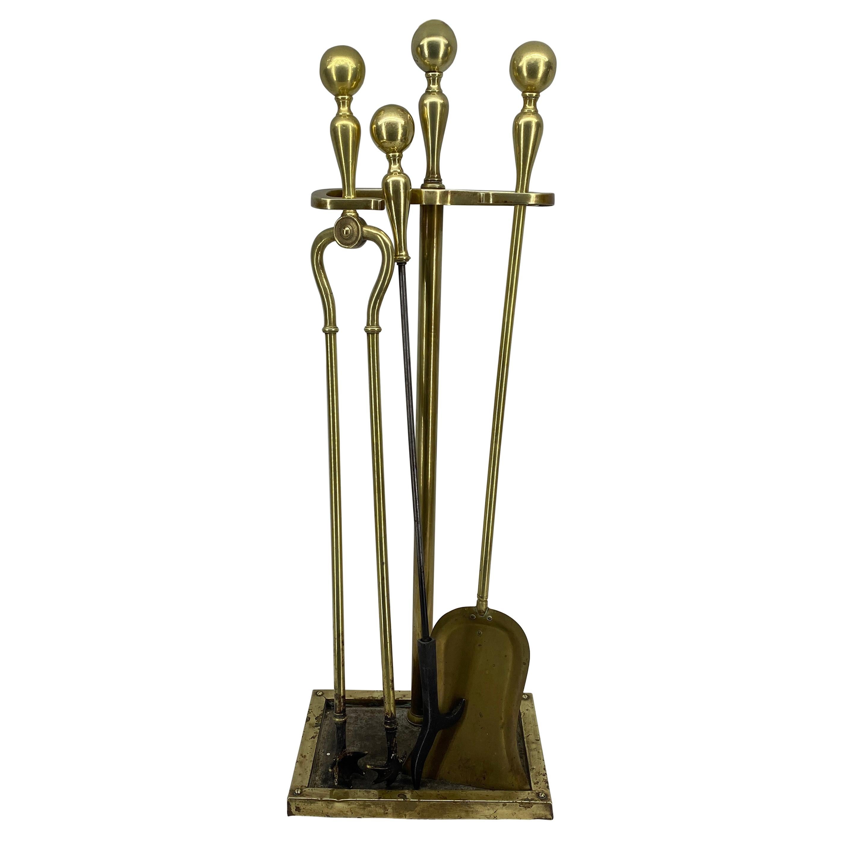 Danish 3-Piece Set of Brass Fireplace Tools and Stand, Late 19th Century