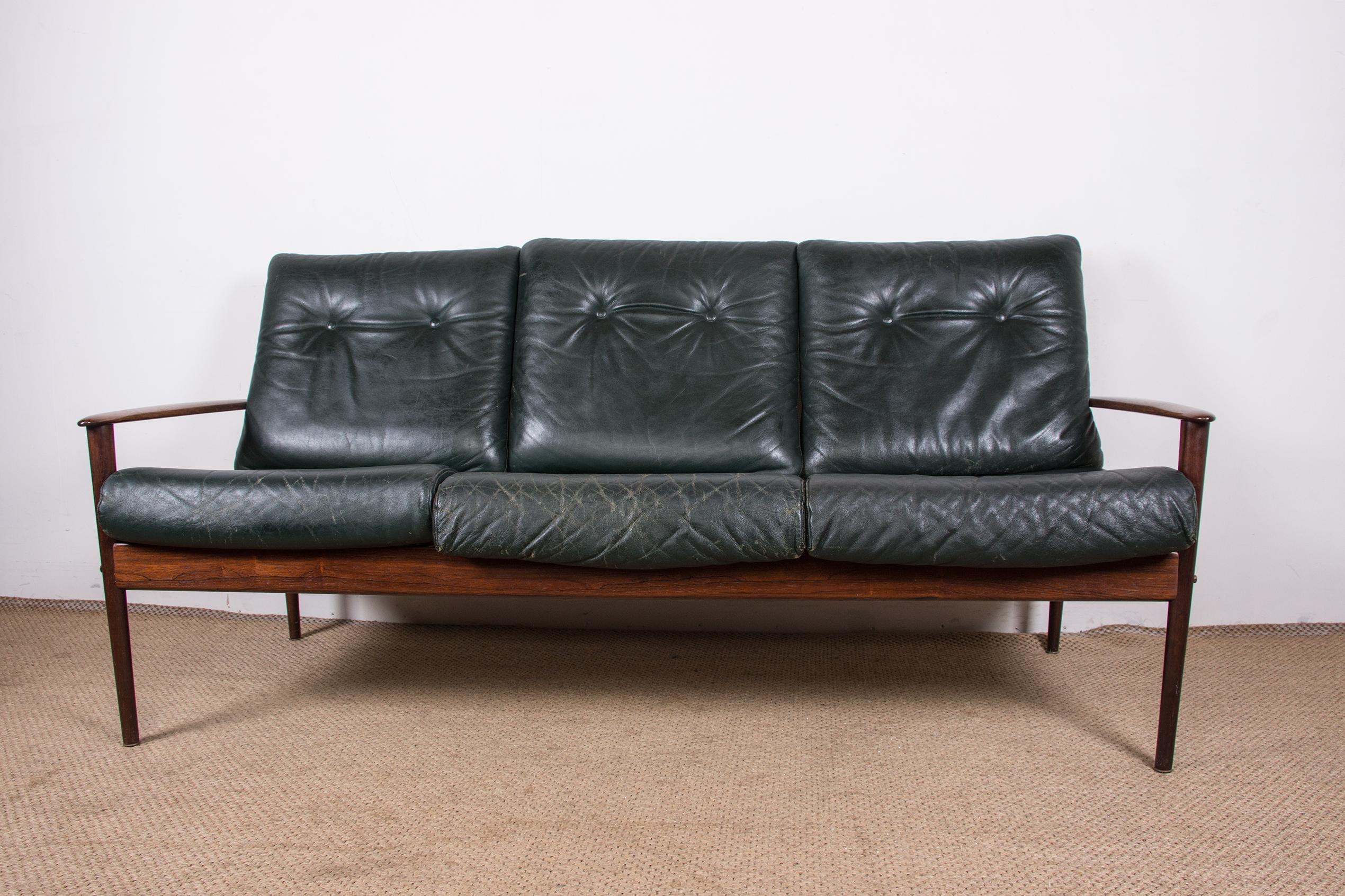 Scandinavian Modern Danish 3 seater sofa, Rosewood and Leather by Grete Jalk for Poul Jepessen 1960.