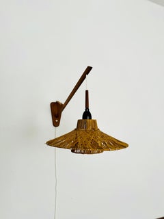 Danish Adjustable Teak and Raffia Bast Wall Lamp