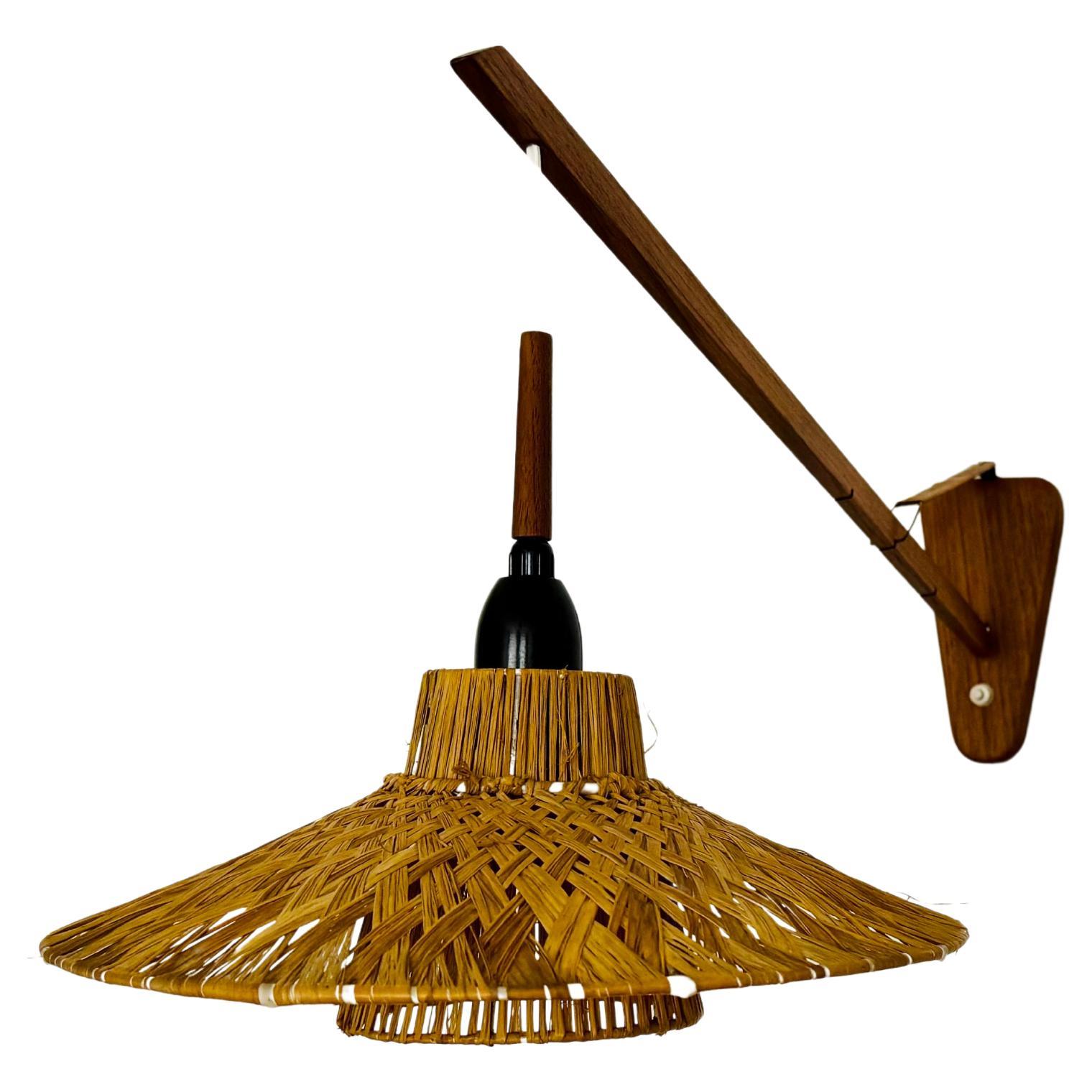 Danish Adjustable Teak and Raffia Bast Wall Lamp