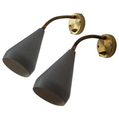 Danish, Adjustable Wall Lights, Brass, Grey-Lacquered Metal, Denmark, 1950s