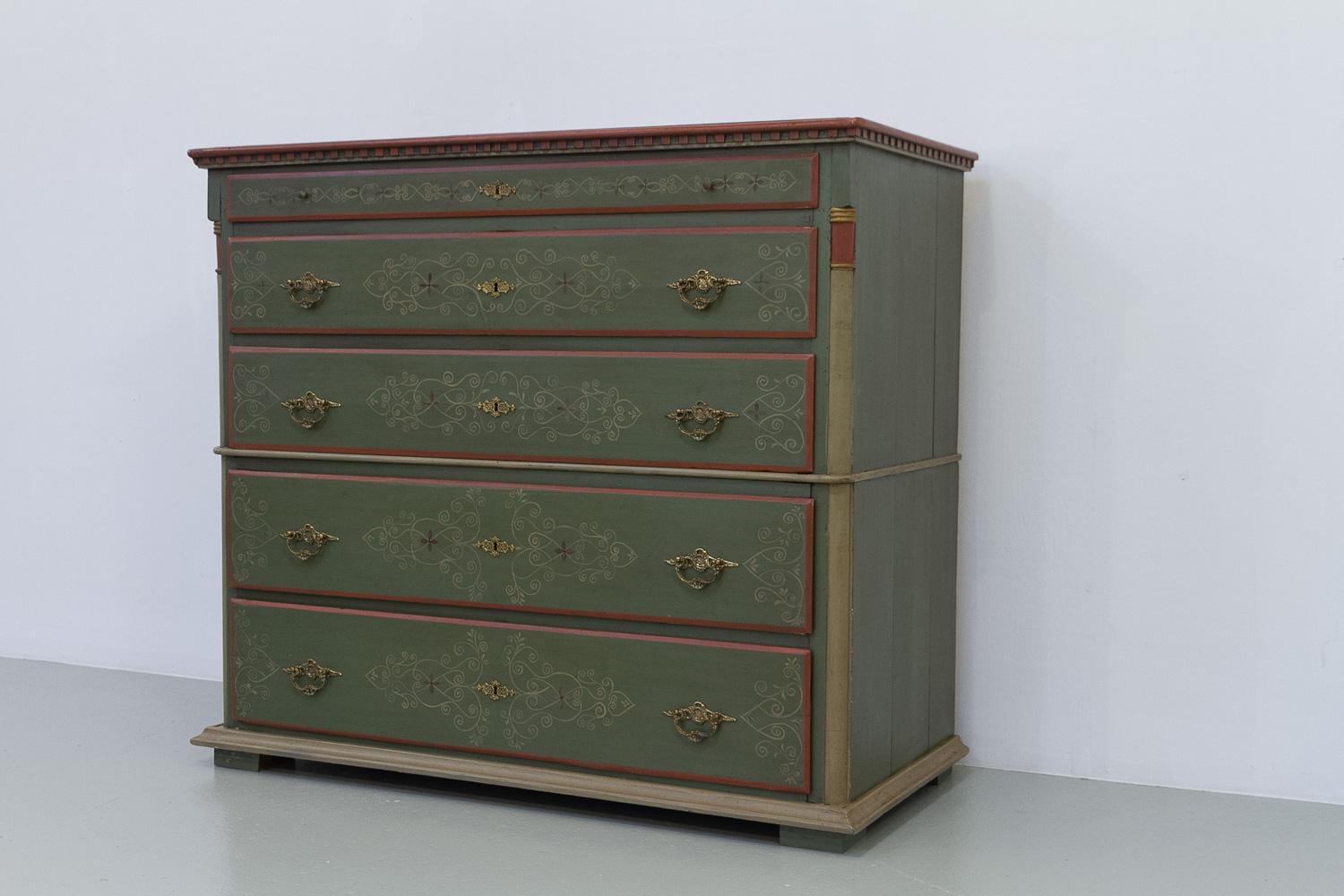 Folk Art Danish Antique Green Chest of Drawers, 1850s.