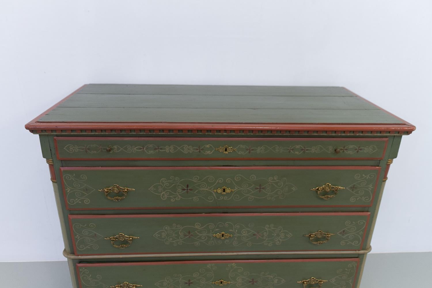 19th Century Danish Antique Green Chest of Drawers, 1850s.