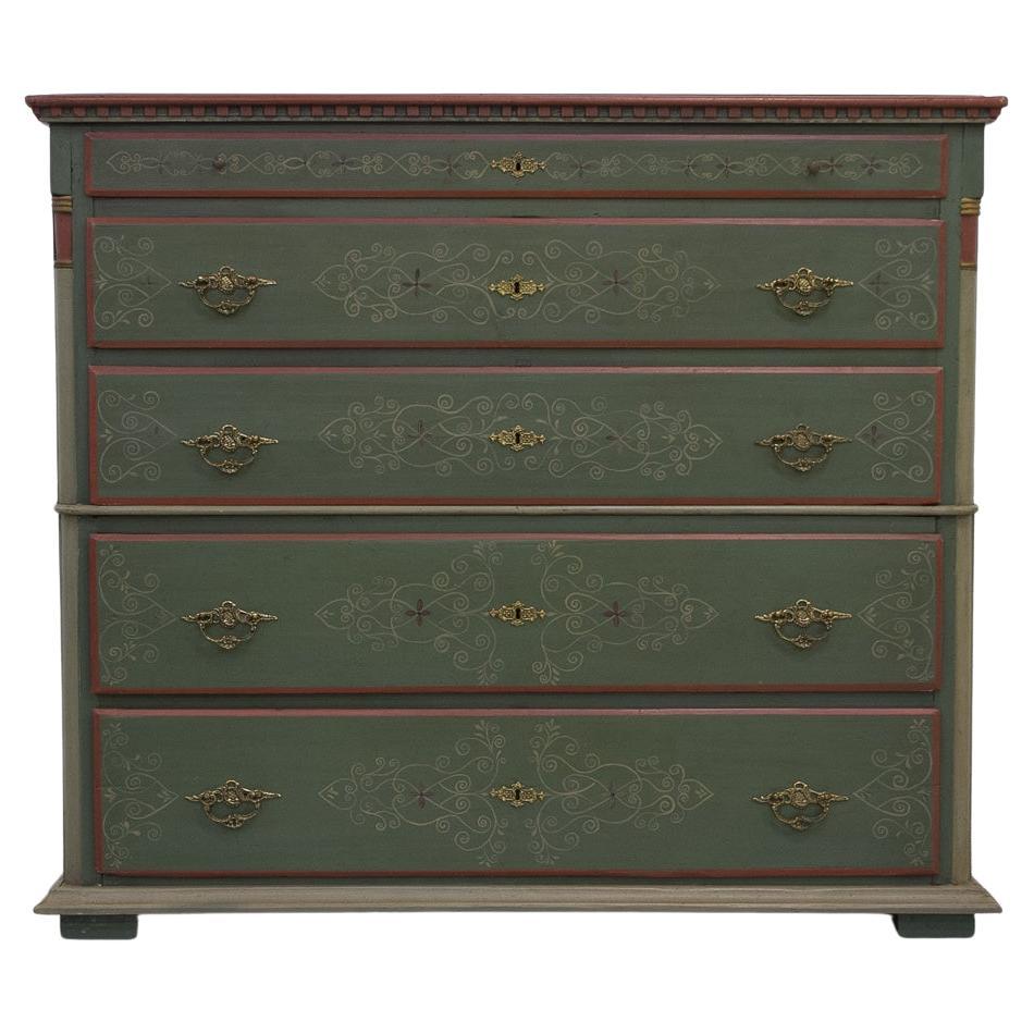 Danish Antique Green Chest of Drawers, 1850s.

Stunning large and impressive five drawer pine dresser made in Denmark around 1850, professionally renovated circa 1950.

Hand painted with classic motifs and green, red and golden colors common in the
