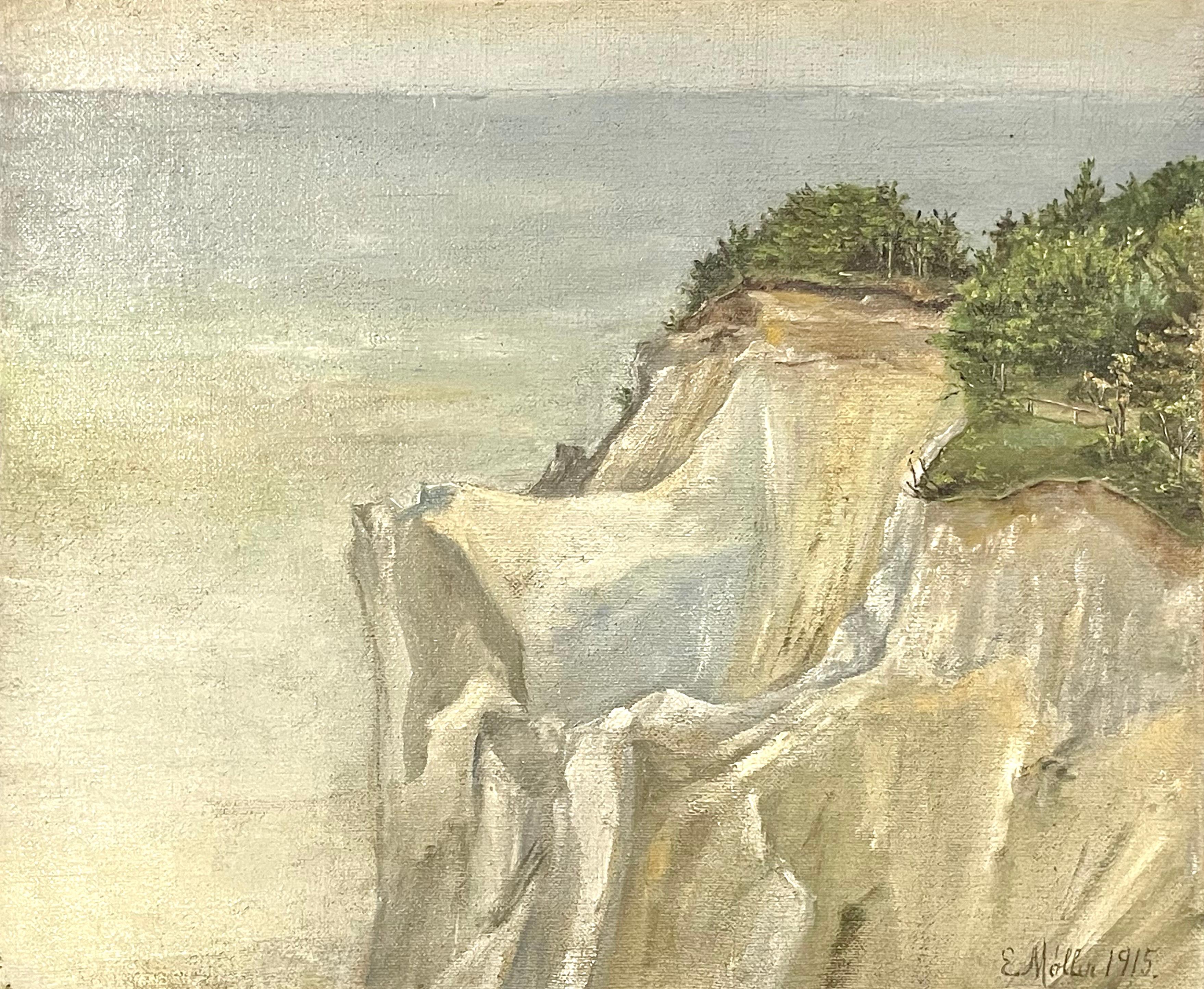 Antike dänische pastorale Klippenszene, die wahrscheinlich Møns Klint darstellt, eine berühmte Landschaft entlang der Ostküste der dänischen Insel Møn in der Ostsee, die kürzlich zum Weltkulturerbe erklärt wurde. Es handelt sich um Kreide- und
