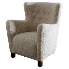 Danish Arm Easy Chair in Style Of Fritz Hansen in Oak and Sheepskin, 1940s