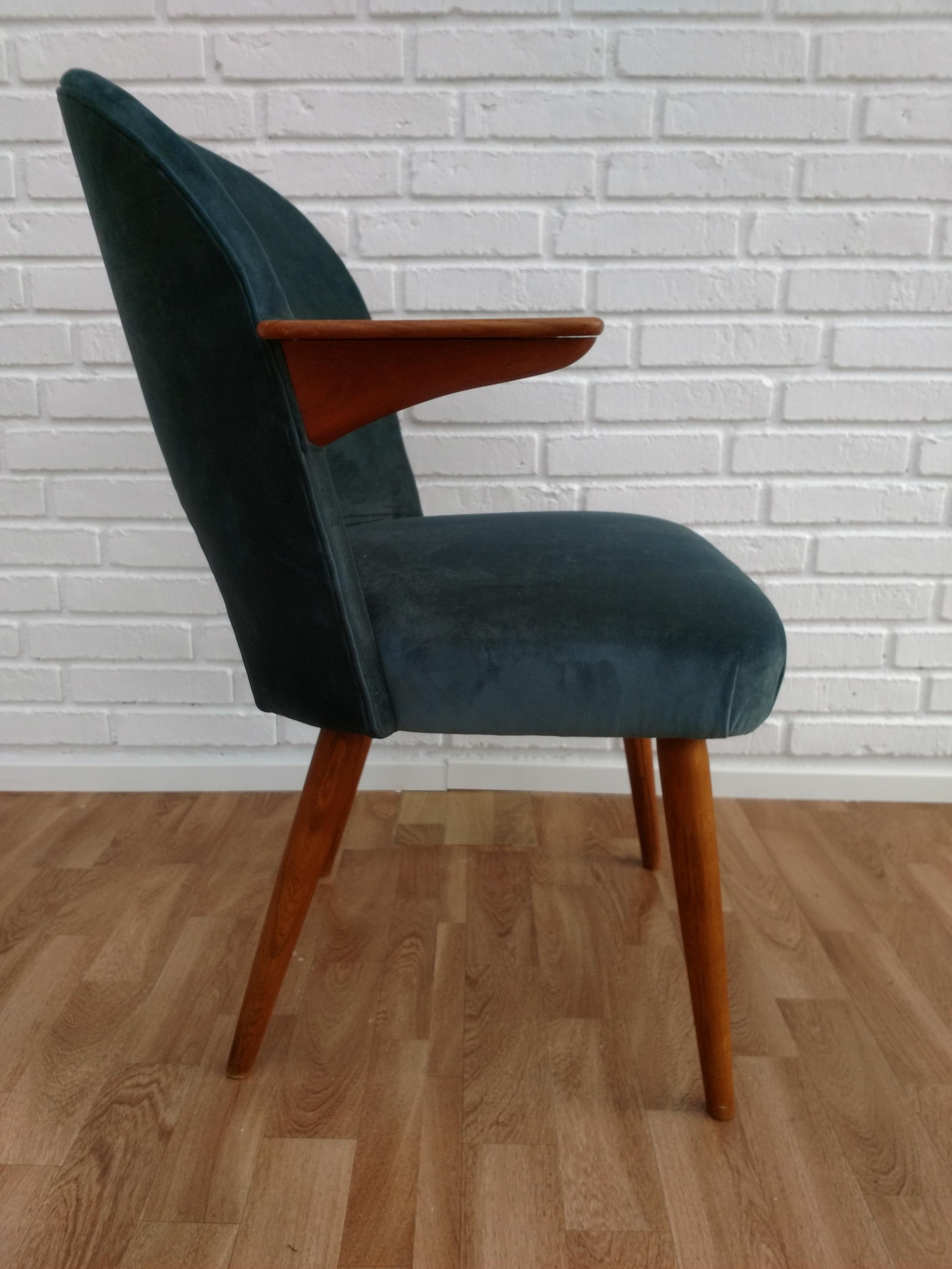 Danish Armchair, 1960s, Velour, Teak Wood, Completely Restored For Sale 2