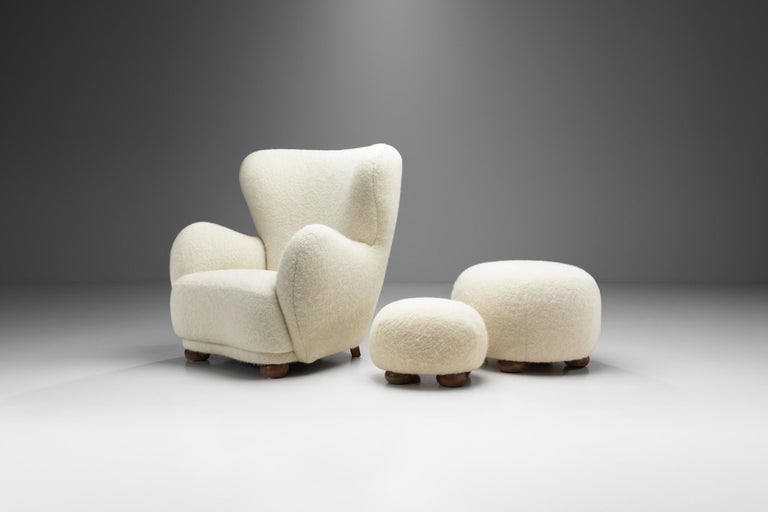 Danish Armchair and Ottomans with Stained Beech Bun Feet, Denmark, 1940s In Good Condition In Utrecht, NL