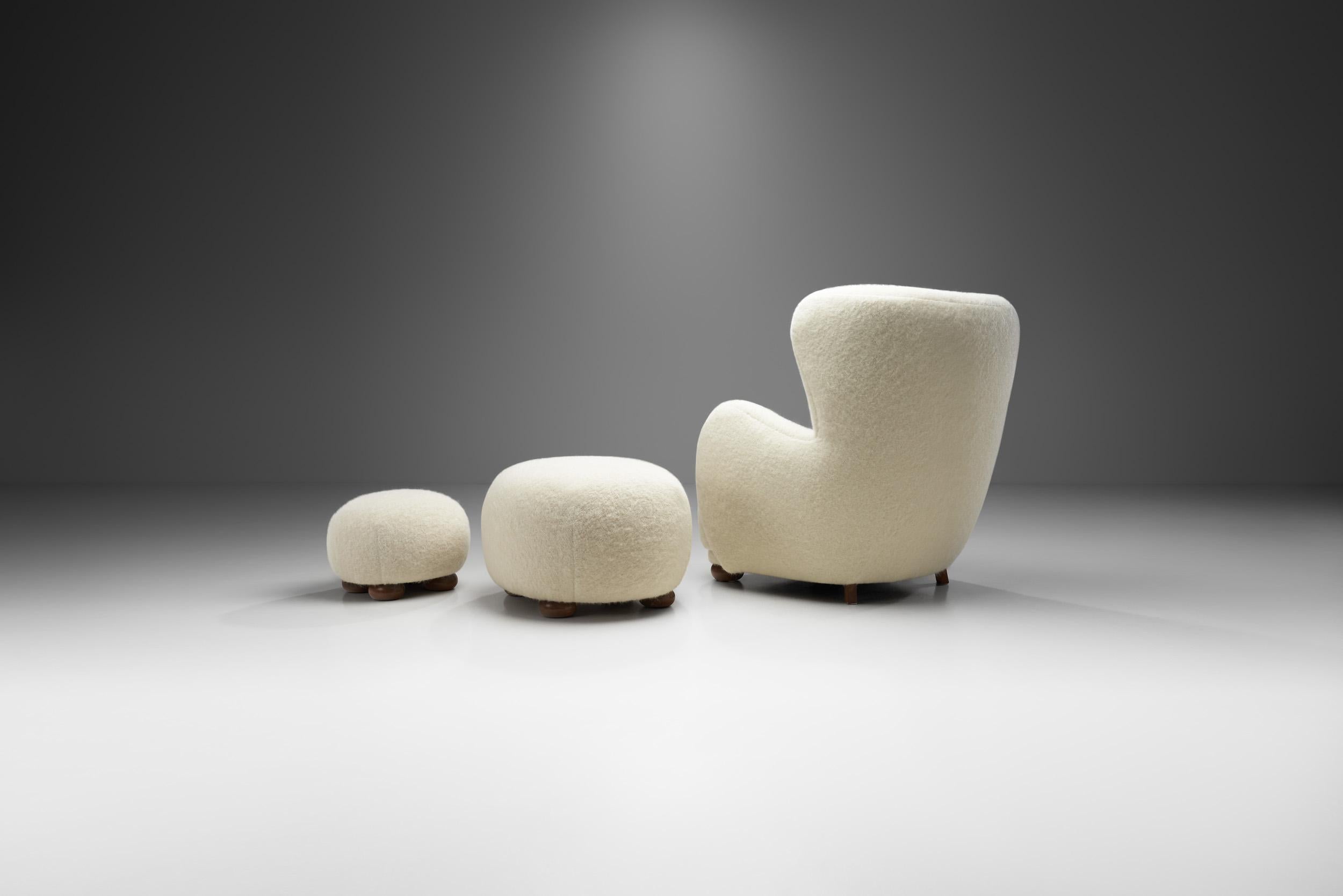 Mid-20th Century Danish Armchair and Ottomans with Stained Beech Bun Feet, Denmark, 1940s