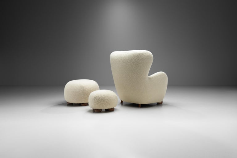 Wool Danish Armchair and Ottomans with Stained Beech Bun Feet, Denmark, 1940s For Sale