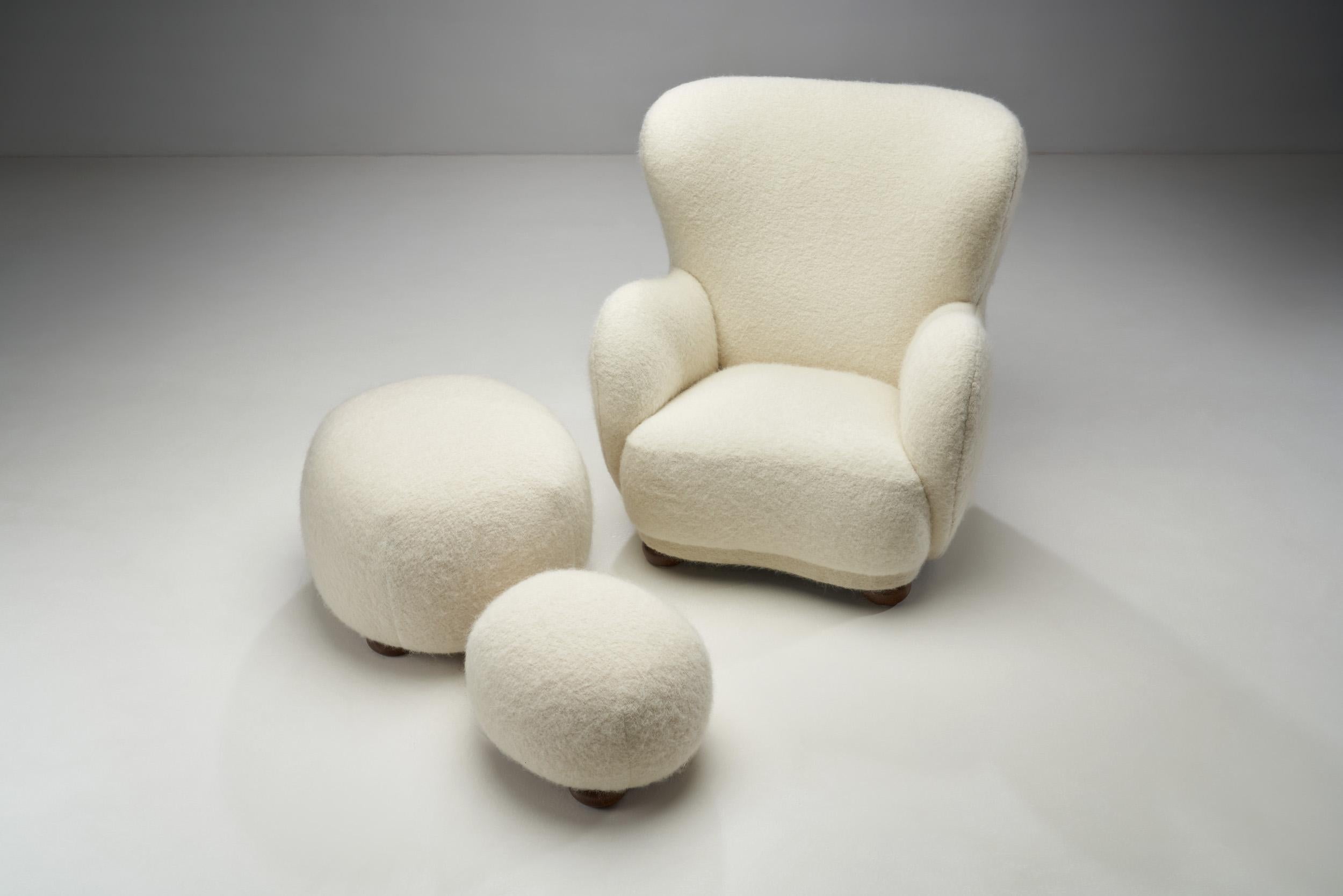 Danish Armchair and Ottomans with Stained Beech Bun Feet, Denmark, 1940s 1