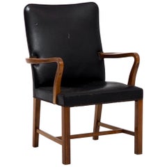 Danish Armchair by Jacob Kjær, in Leather and Mahogany, circa 1960