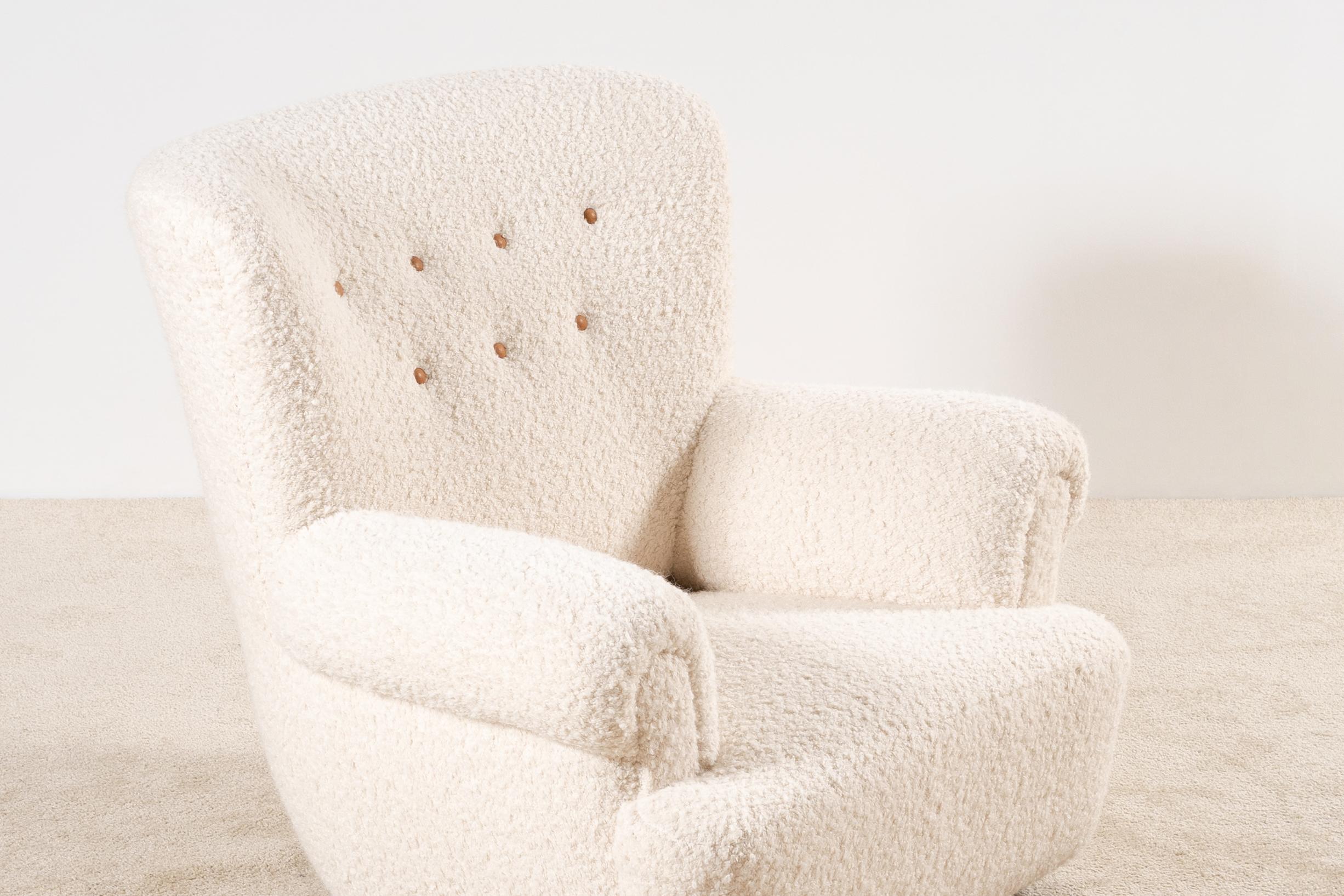 Danish Armchair, circa 1940, Newly Upholstered with Bouclé Fabric For Sale 2
