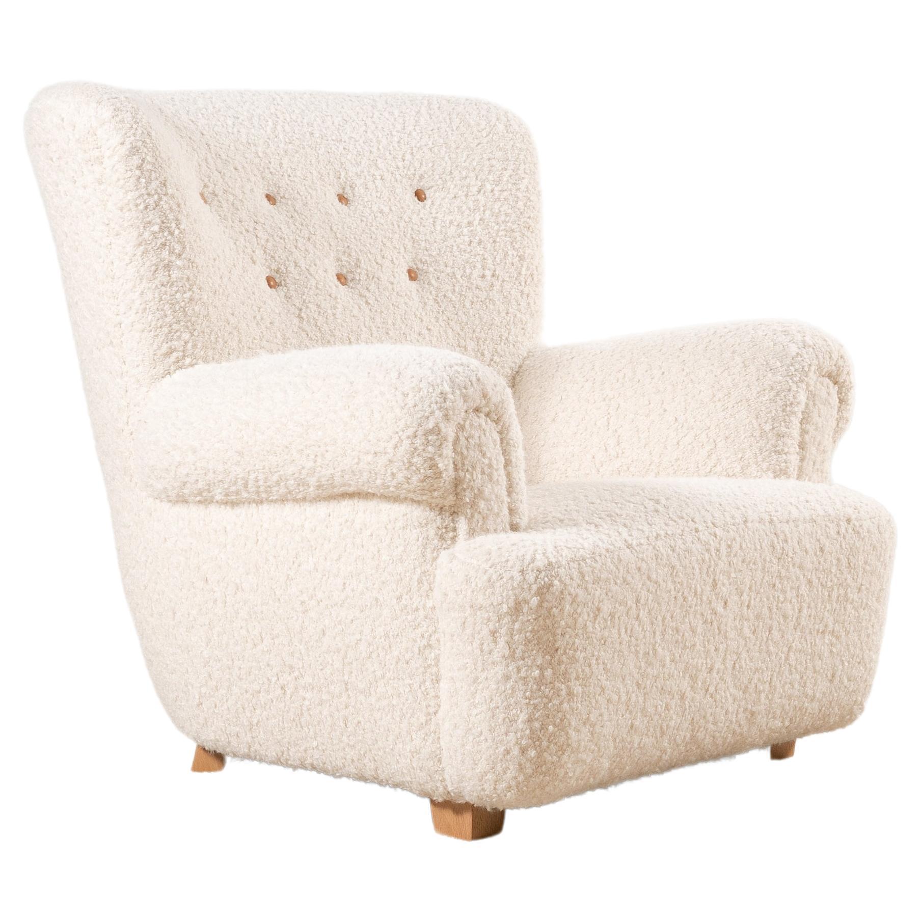 Danish Armchair, circa 1940, Newly Upholstered with Bouclé Fabric For Sale