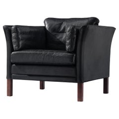 Danish Armchair in Black Leather and Stained Wood