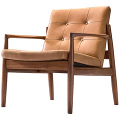 Fauteuil danois en cuir cognac et teck
