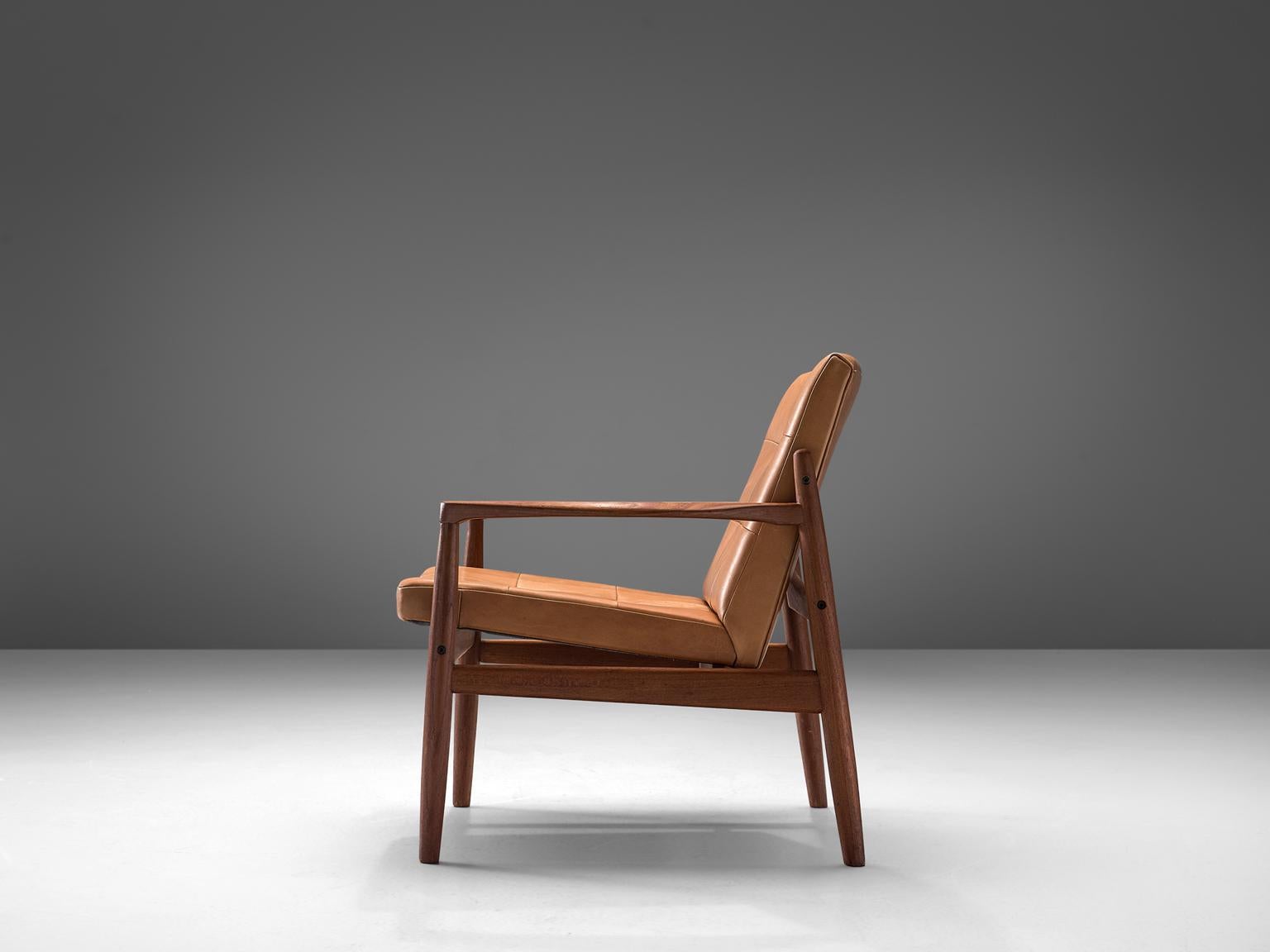 Mid-20th Century Danish Armchair in Cognac Leather and Teak