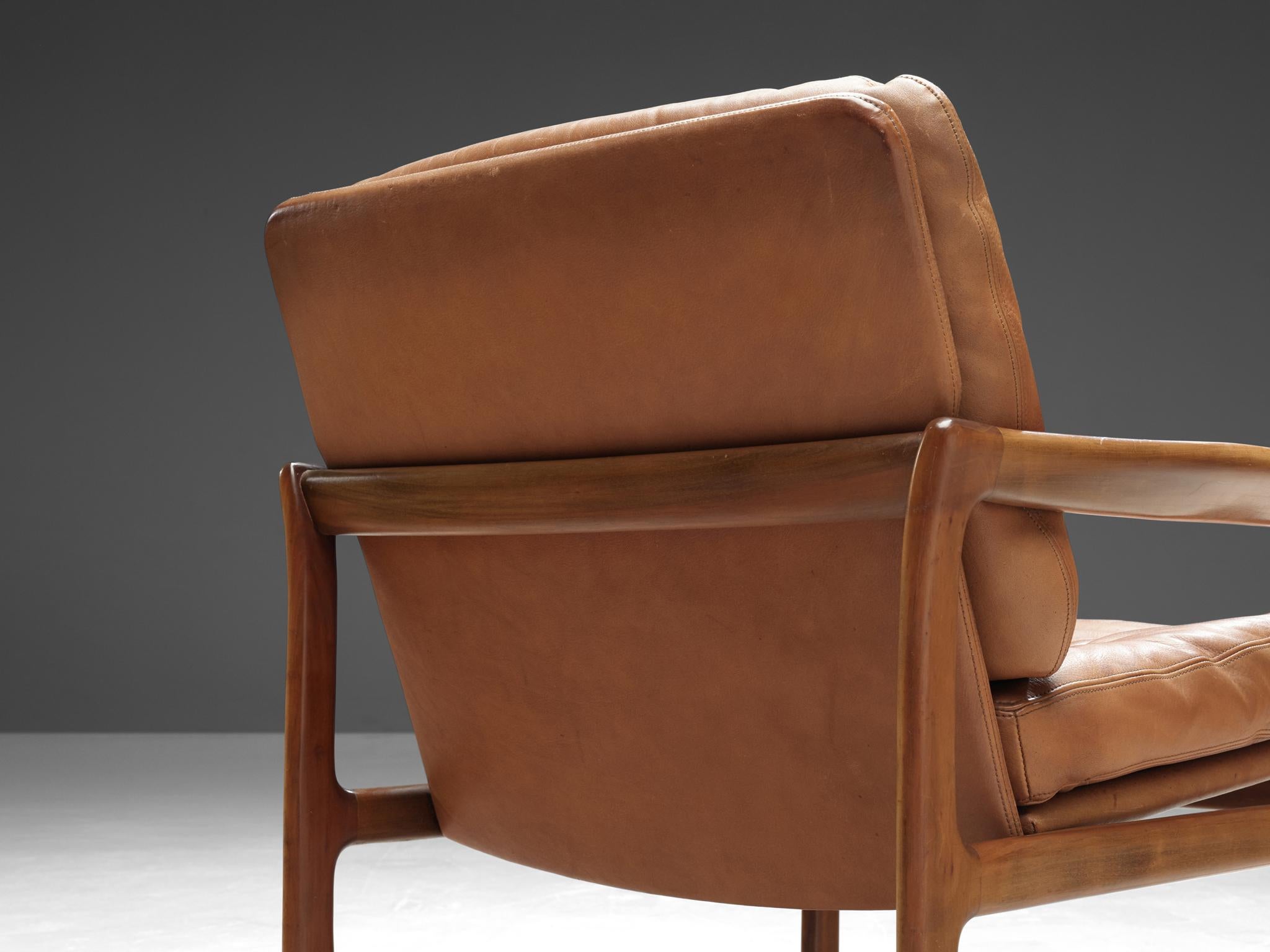 Scandinavian Modern Danish Pair of Armchairs with Ottoman in Cognac Leather and Walnut 