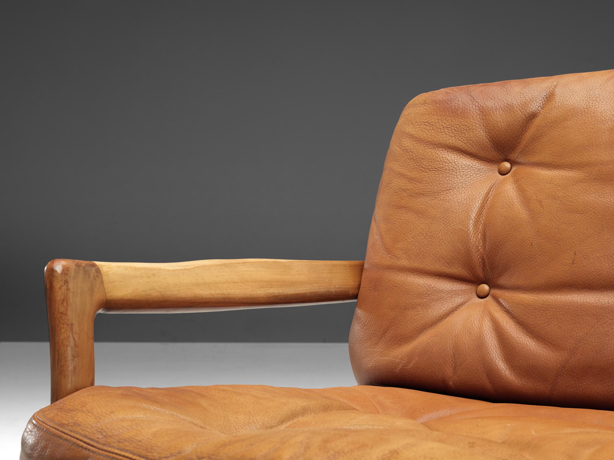 Danish Pair of Armchairs with Ottoman in Cognac Leather and Walnut  In Good Condition In Waalwijk, NL