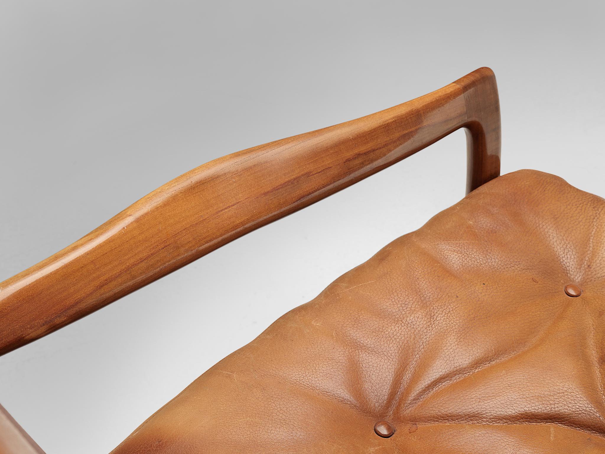 Mid-20th Century Danish Pair of Armchairs with Ottoman in Cognac Leather and Walnut 
